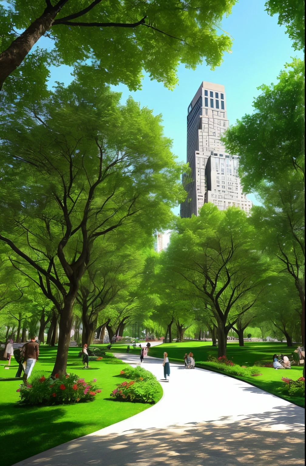 A realistic central park with some trees nearby