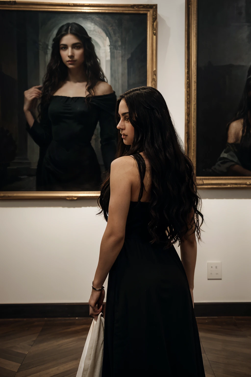 greek mythology beautiful woman with long black dress and very long dark wavy hair standing in art museum, black and white painting lookalike photo, on the hill,