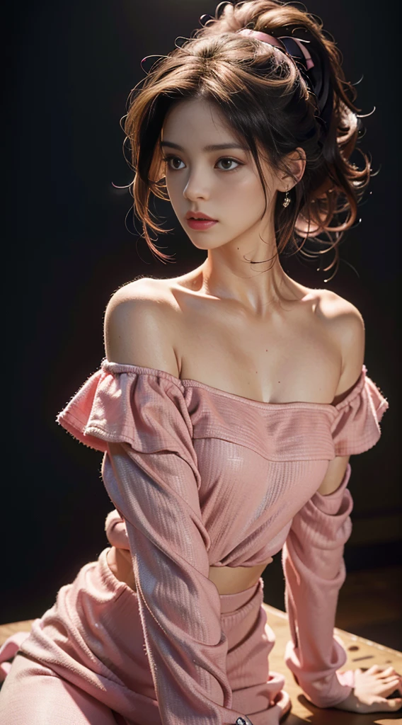 Best Quality, Masterpiece, Ultra High Resolution, (Realisticity: 1.4), Original Photo, 1girl, Pink Off-the-Shoulder, Cinematic Lighting