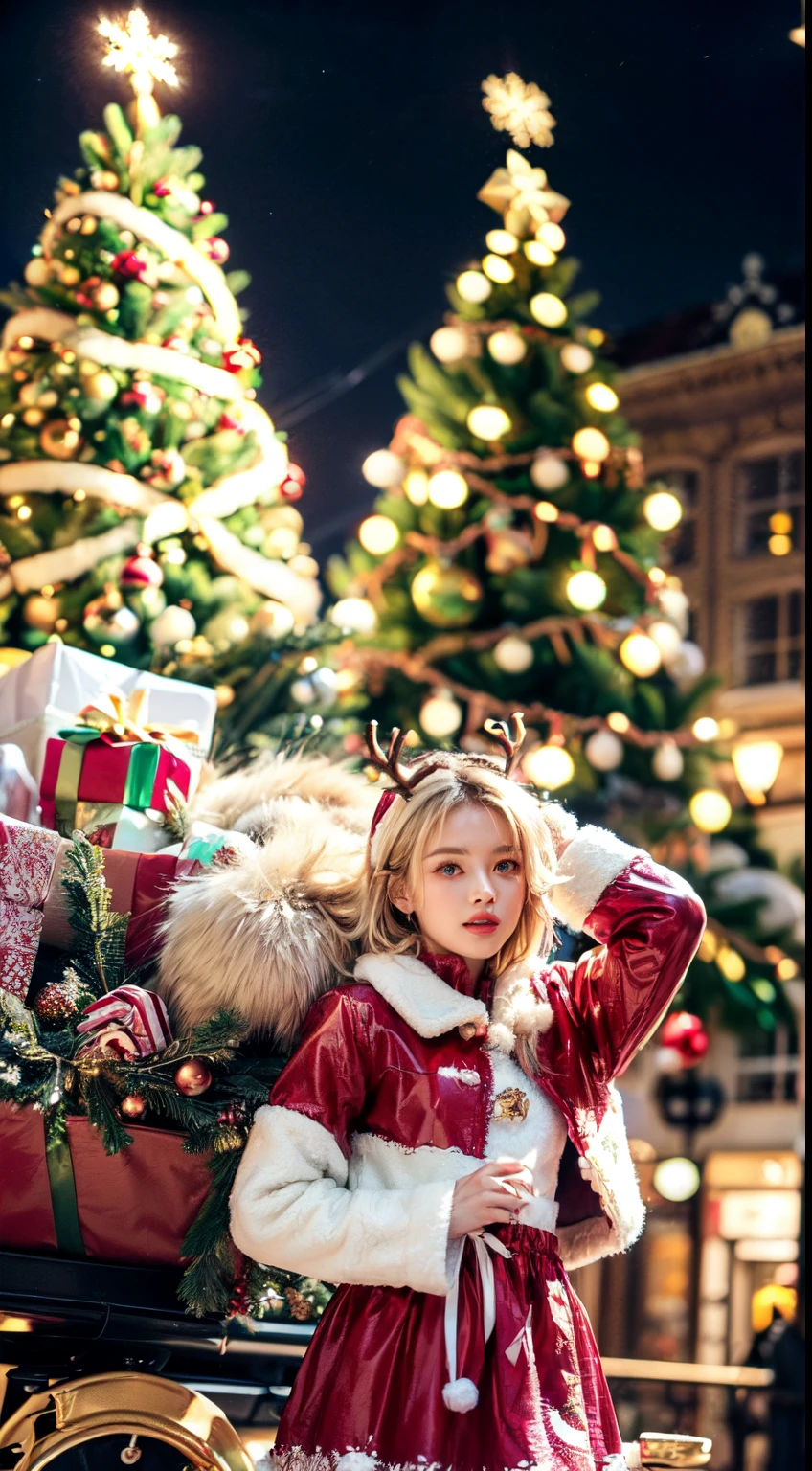 (Ultra-detailed eyes), (((Textile shading))), (((Best quality))), (((super-detailed CG))), Savage girlfriend, (((magical girl))), (small), (Small under the chest), Blonde hair, Blonde hair, Blonde hair, Fixed mood, ((Short hair details, Short hair details, ornate hair)), a pink eyes, (((Christmas dresses, Red and white faux fur-trimmed Cardroy jacket, Millennium bug, scallop skirt))), ((Pose up)), (((GameCG)) (A gorgeous one, fashionably, it girls accessories, Sparkling sky, the street, Christmas atmosphere, light christmas, Christmas tree, reindeer,Christmas sleigh,Amsterdam Light Festival full of atmosphere, distant scene , During the day