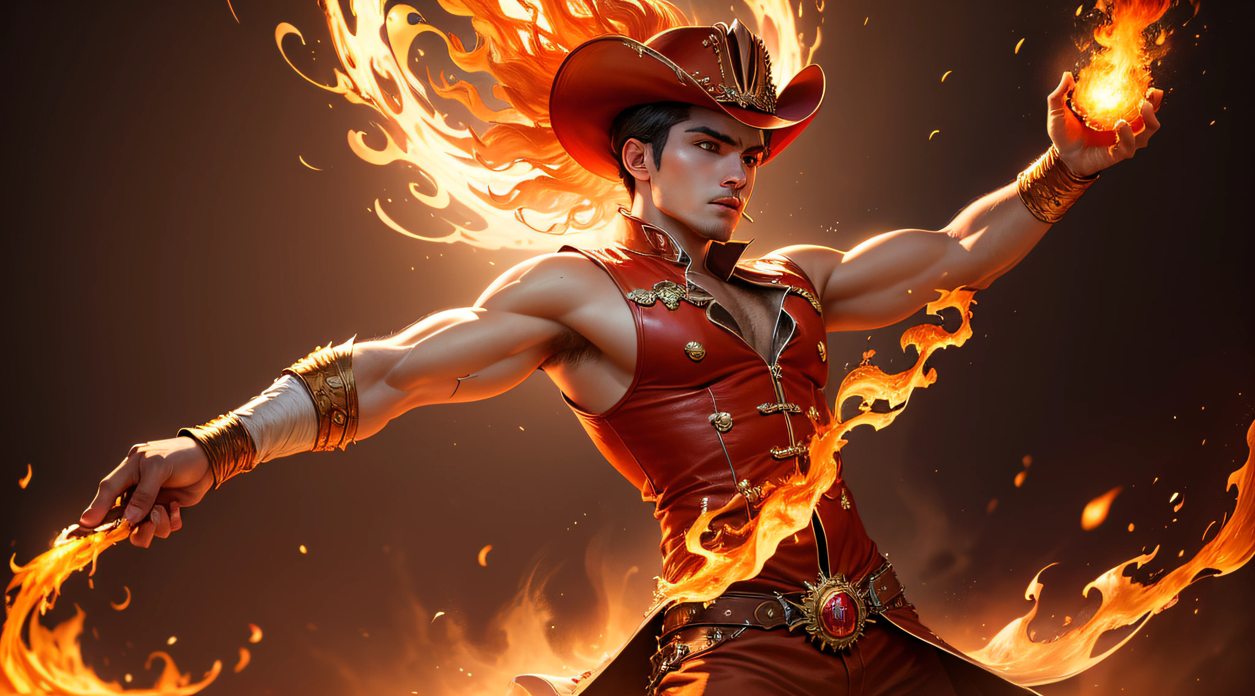 (Hdr, 16k, beste-Qualit, 4K, High resolution, Masterpiece: 1.2, Ultra-detailed, Realstic) Cirque: jongleur de flammes, cercle de flammes autour du jeune homme (costume de cow-boy), flamme: vermeil, flamme: Orange vif, étincelles dorées, dinamic lighting, mouvement fluide.