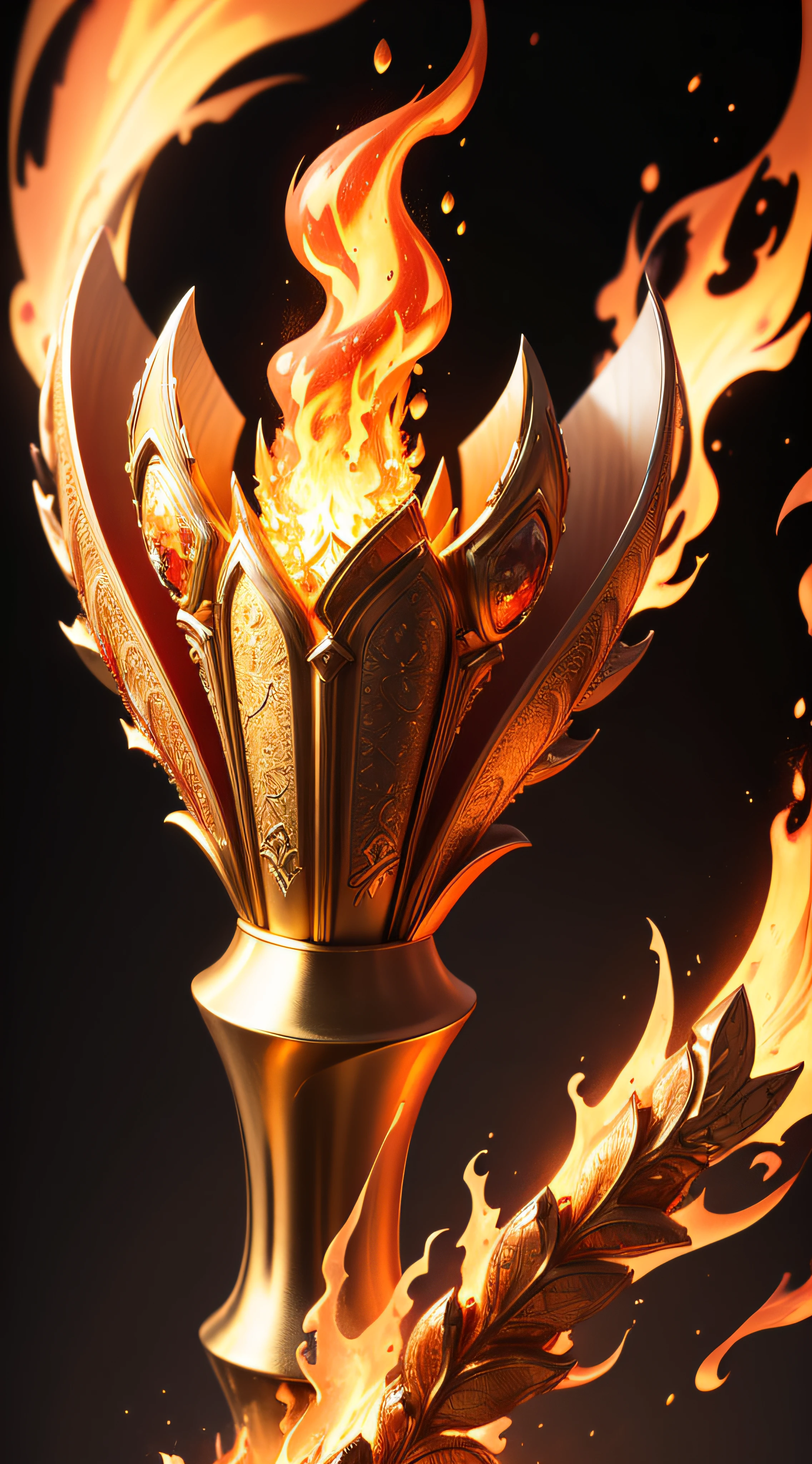 (Hdr, 16k, beste-Qualit, 4K, High resolution, Masterpiece: 1.2, Ultra-detailed, Realstic) Flamme olympique, torche olympique, Decoration subtle you some you flambeau, entrelacs celtiques, Ultra-detailed., flamme: vermeil, flamme: Orange vif, étincelles dorées, dinamic lighting, mouvement fluide.