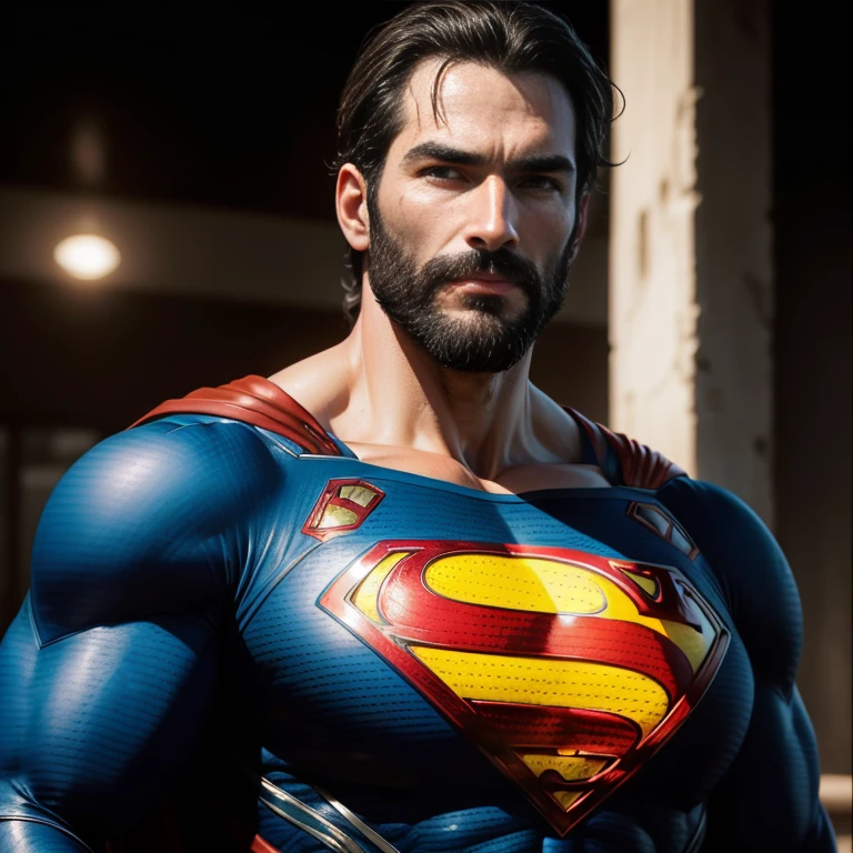 40-year-old man, with a black beard, ((photograph of Superman wearing black uniform)) (((full body)))), city background, photographyrealistic, photography, work-before, realistic, realism, photographyrealism, high contrast, digital art, realistic photography, trend in Artstation 8k HD, high definition, realistic, detailed, detailed, detailed, skin texture, hyper detailed, realistic skin texture, armor, best