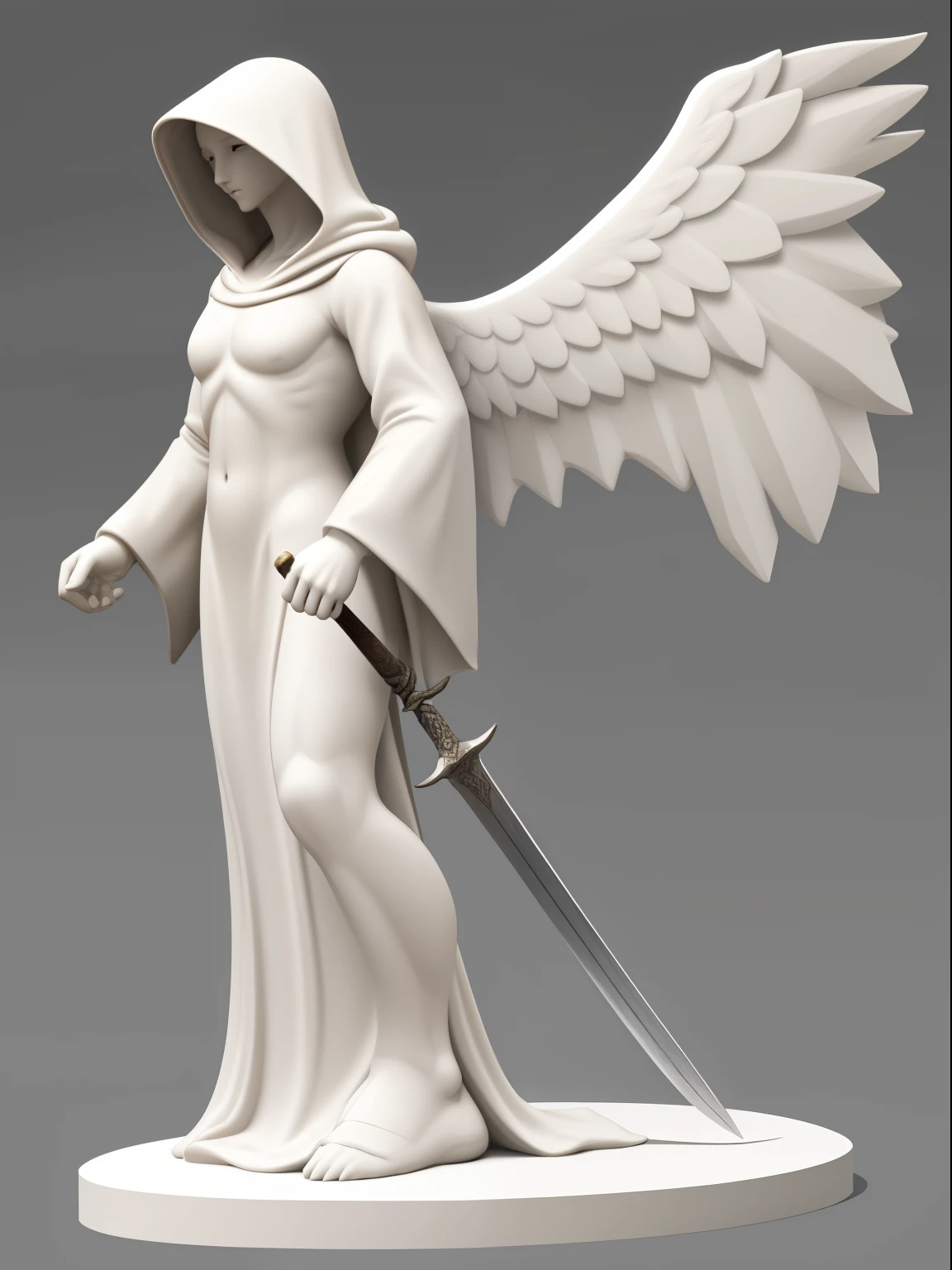 A white figure of a hooded angel, arrodillado, with one hand resting the fingers on the ground and the other holding the hilt of a sword stuck in the ground. La gasa se dirige a lo lejos. The wings are folded behind the back. The figure is made of white ivory. se coloca sobre un soporte redondo como una pieza de ajedrez. The general image consists of 3 images. Vista frontal, vista lateral y vista trasera. Para crear un modelo 3D. Everything is very detailed and well drawn..