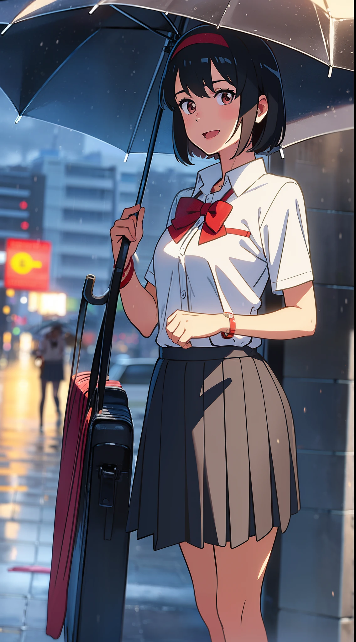shinkai makoto, kimi no na wa., 1girl, bangs, black hair, bright eyes, brown eyes, headband, looking at the viewer, red bow, red headband, red ribbon, school uniform, shirt, white shirt, skirt, black skirt, short sleeves, short hair, medium breasts, solo, happy face, :D, bracelet, upper body, raining, pouring rain, outdoors, in street, (cloudy), standing, perfect hands, umbrella, holding an umbrella