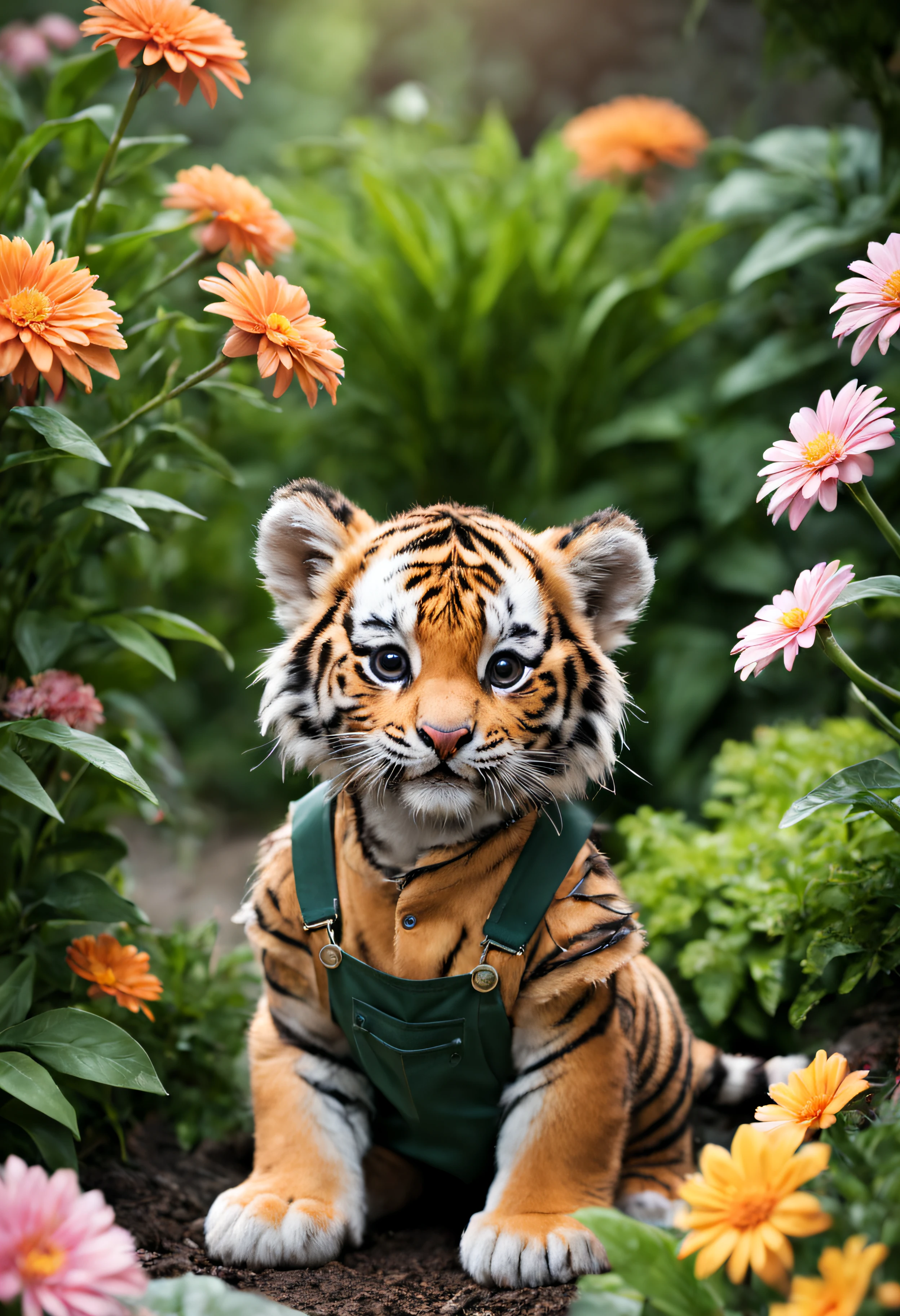  tiger mignon, en tenue de jardinage, dans un jardin, plante des fleurs