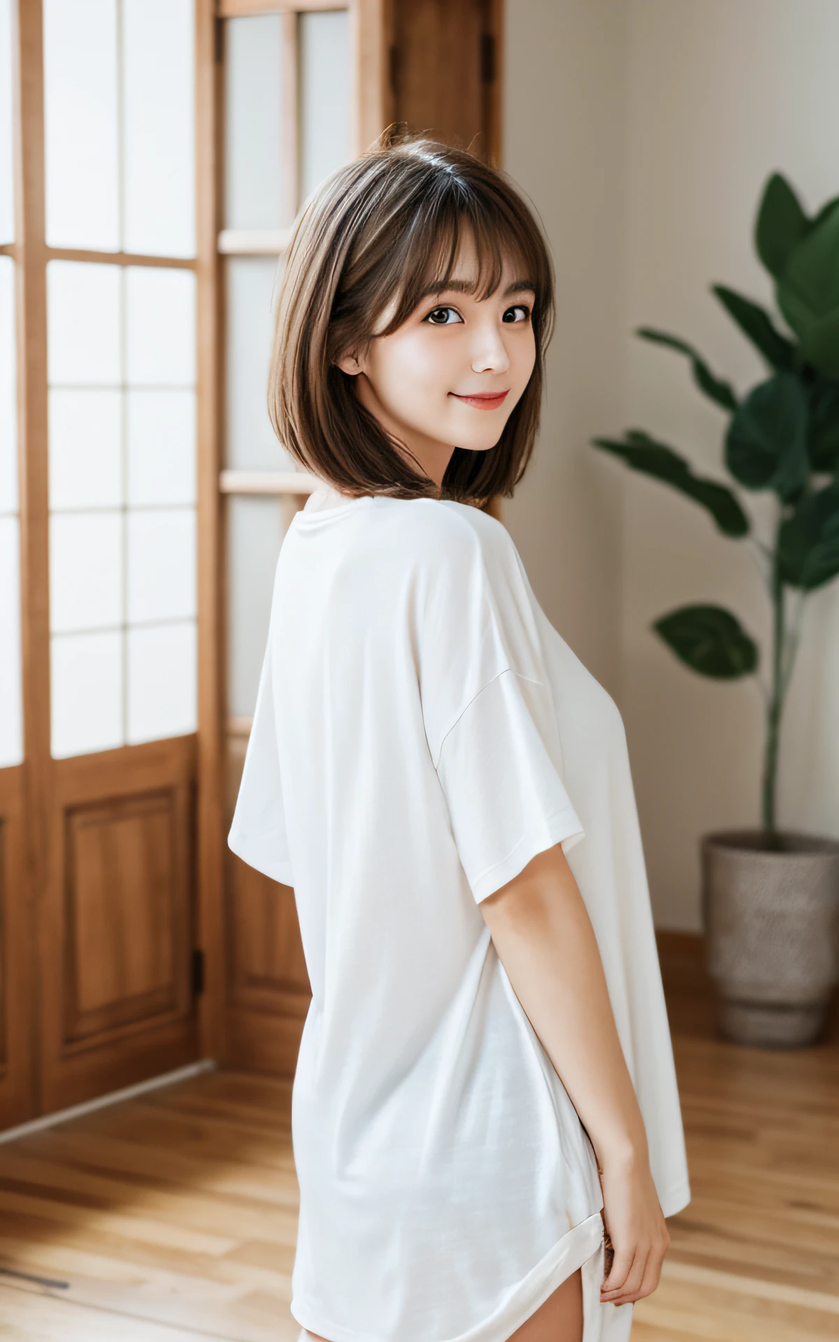 masutepiece, Best Quality, 8K, 1 girl, 20 yo, Full body, Solo, Arch Smile, Cute, Girly, Delicate girl, Neat and clean beauty, Raw photo, Professional Photography, Portrait, Soft light, Professional Lighting, Back lighting, look forward to your eyes, Sophisticated, Film grain, (Eyes and faces with detailed:1.0), Wearing an oversized T-shirt and nothing else, Short-length floating hair, Beautiful flowing hair, Bangs, Indoor