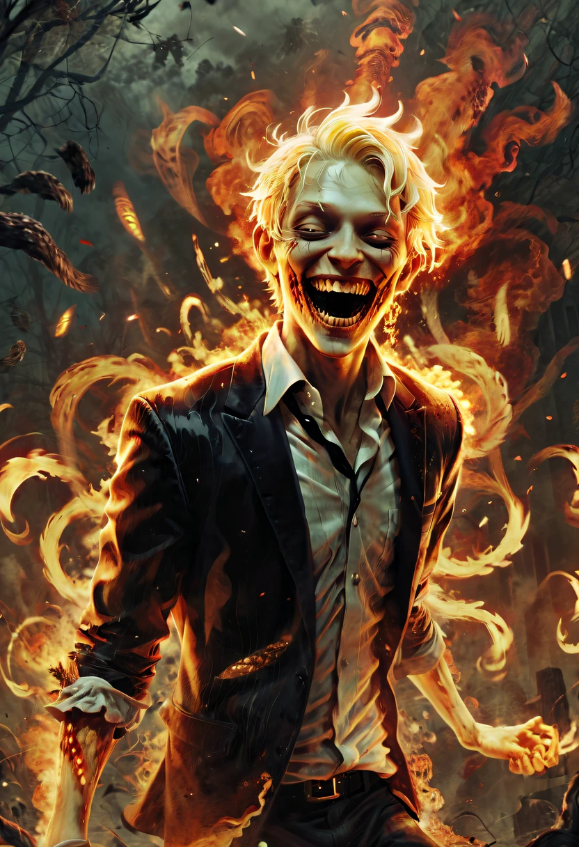 (火焰/butterflys/Loim，dynamic scene:1.3) - a gorgeous (Laughing boy:1.1) Blonde with short hair pushed by zombie，Has amazing anatomy, Zombie in tuxedo, The root  rotten, tentaculata, The wind rageantasy Horror Perfect Art, 64K Ultra HD:1.1), (art by apterus, Artwork by Dan Mumford, The Art of Lovecraft:1.2), Best quality, 500px, CG, 8K, author：Dan Monford
