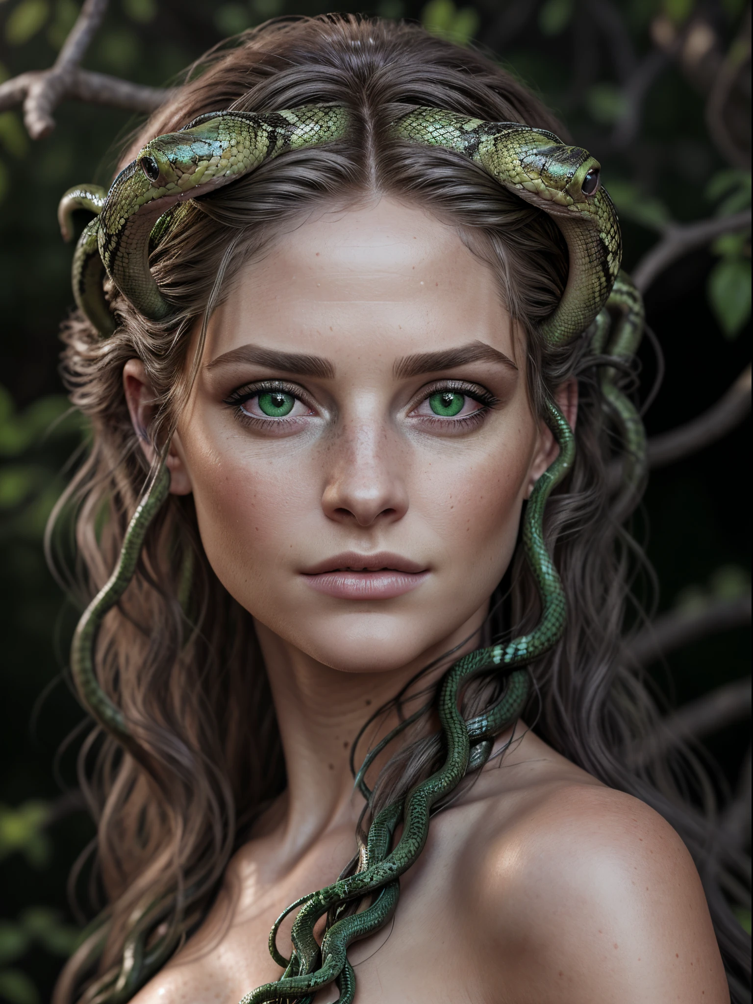 (Realistic:1.5), Photorealistic, RAW photo, Analog Photography Style, Depth of field, ultra-detailed photo of Medusa, (hair, consisting of countless small snakes), Detailed green eyes, dark makeup, gorgeous woman's face, detailed photorealistic face, goddess aura, Artstation, bioluminescense, natural shadows, warm filter, cinematic light, Professional photography, Canon F1.4, 16k quality