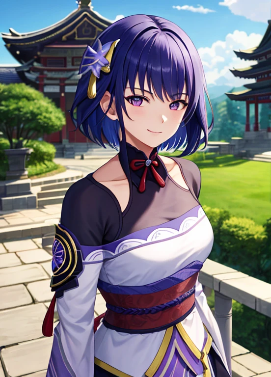 Raiden General, Upper body, Smile, blush, Outdoors, day, Background, Blue sky, Short hair, skyporn, temple, Looking at Viewer, stairs, mont, Moody lighting, face to the viewer,