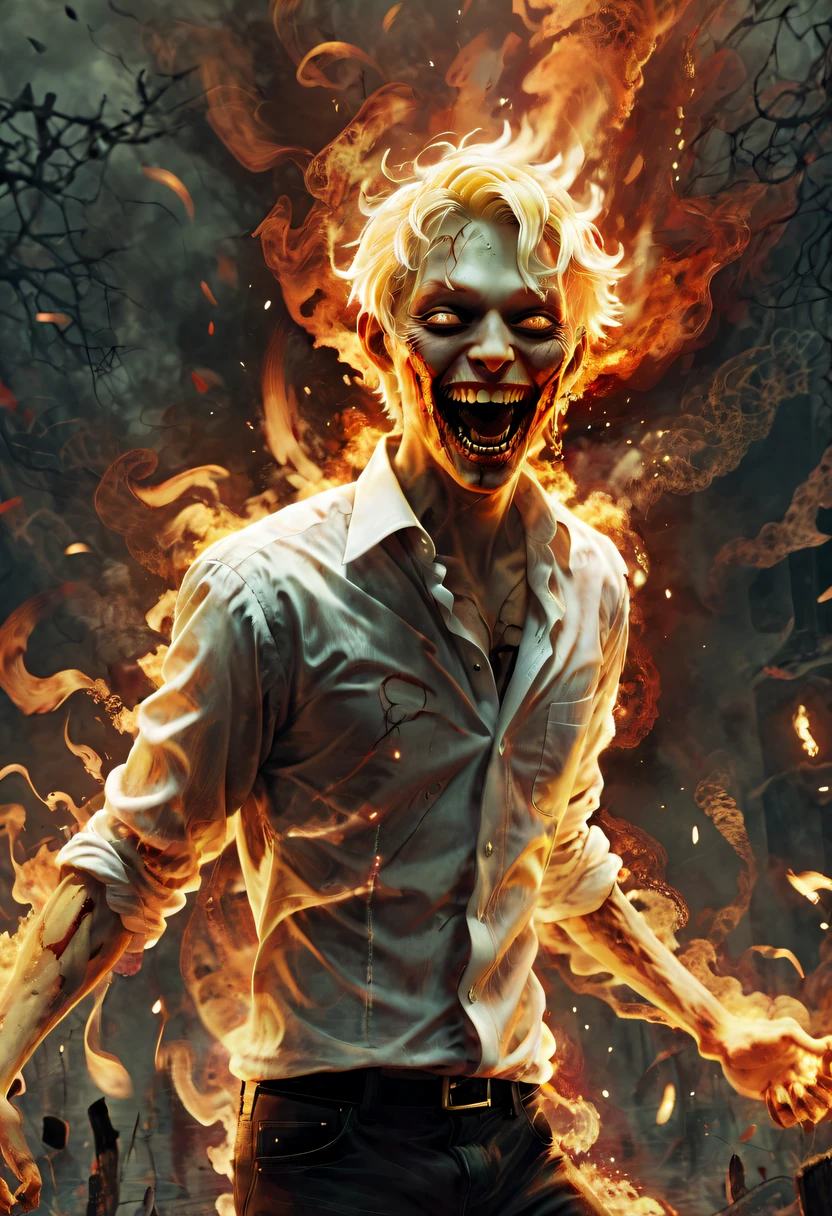 (火焰/butterflys/Loim，dynamic scene:1.3) - a gorgeous (Laughing boy:1.1) Blonde with short hair pushed by zombie，Has amazing anatomy, Zombie in tuxedo, The root  rotten, tentaculata, The wind rageantasy Horror Perfect Art, 64K Ultra HD:1.1), (art by apterus, Artwork by Dan Mumford, The Art of Lovecraft:1.2), Best quality, 500px, CG, 8K, author：Dan Monford