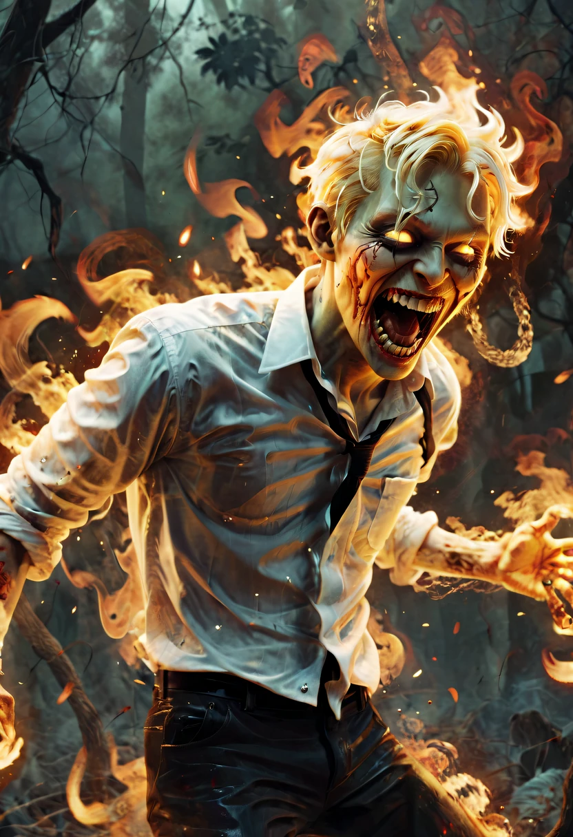 (火焰/butterflys/Loim，dynamic scene:1.3) - a gorgeous (Laughing boy:1.1) Blonde with short hair pushed by zombie，Has amazing anatomy, Zombie in tuxedo, The root  rotten, tentaculata, The wind rageantasy Horror Perfect Art, 64K Ultra HD:1.1), (art by apterus, Artwork by Dan Mumford, The Art of Lovecraft:1.2), Best quality, 500px, CG, 8K, author：Dan Monford