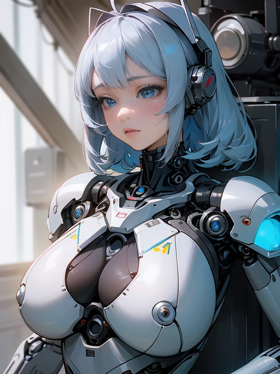 a extremely delicate and beautiful girl, anime style,masterpiece, high quality, best quality, highly detailed, insanely detailed, 4K、1 female robot、The model is a Japanese woman in her 50s.、Internal machinery exposed、silver metallic robot body、Spherical joints、Robot joints、antenna shaped ears、Blue eyes、Emotionless eyes、Emotionless facial expressions、robot woman、Robot Girl、Female Android、boobs robot、boobs android、Oil leakage、Inter-strands、Sex Android