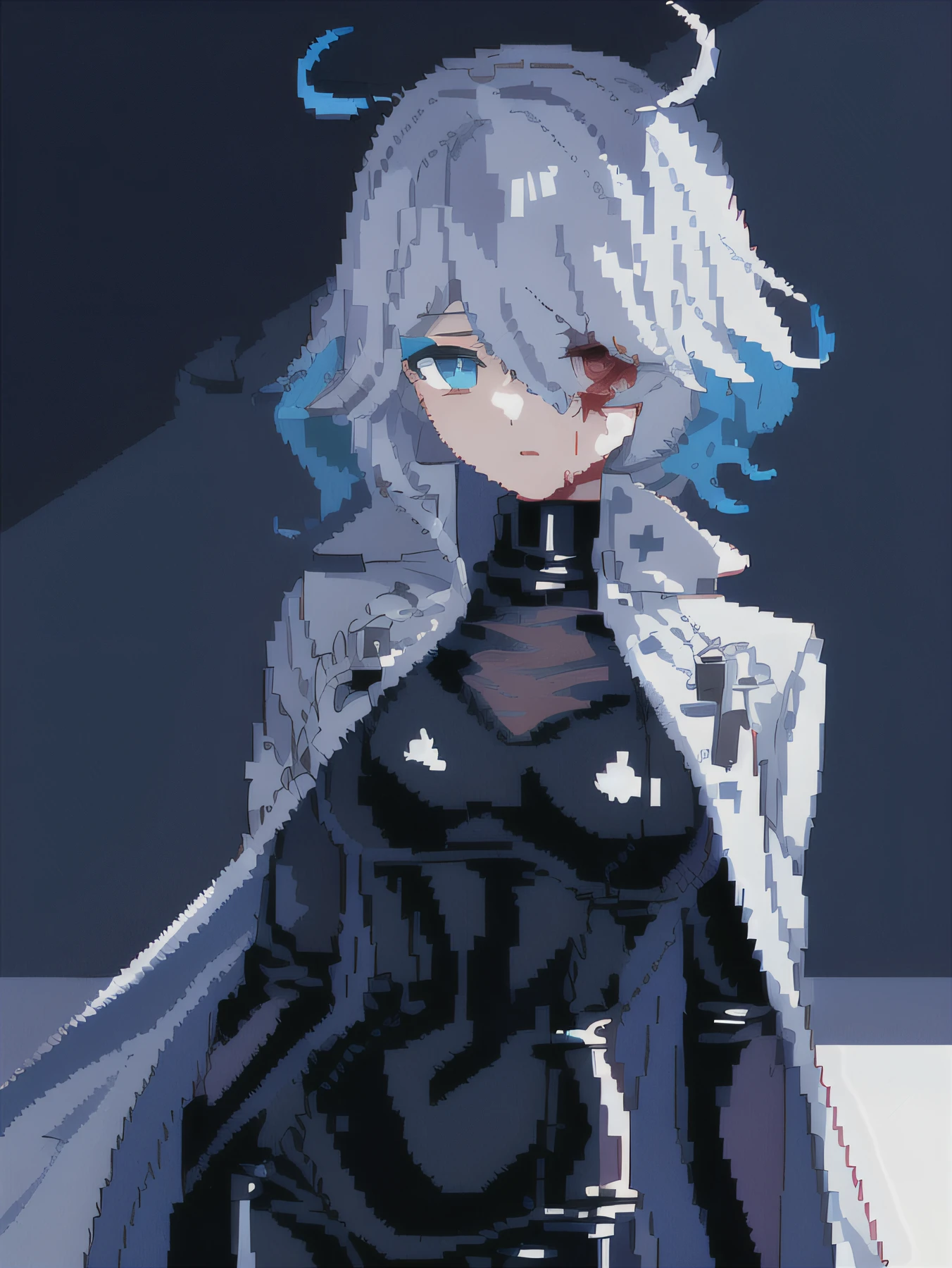 Anime girl with blue hair and black clothes standing in front of dark background, /r/pixelart, Robot-silver-haired girl, unknown artstyle, All eyes are silver, 2D sprites, #pixelart:3, 2b, 2b, White hair, silber hair, UFOTABLE art style, kirokaze pixel art, ayanami