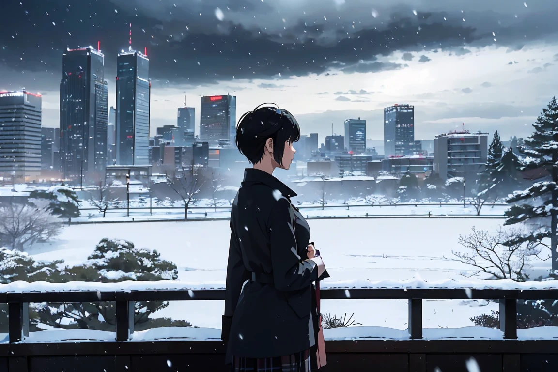((​masterpiece)), ((top-quality)), (hight resolution), (extremely detailed CG unified 8k wallpaper),(Angle from the air),(kotonoha no niwa:1.3),Shinkai Makoto style,((beautiful night scene:1.4),(f/2.8,35m,Beautiful lighting,光线追踪),(((very dark background))),depth of field,(Midnight:1.4),midwinter,(cloudy ash sky:1.2),(Detailed Shinjuku Gyoen National Garden), (In the midst of falling snow:1.4),(from behind),((Chilling Wind)),(Large snow:1.4),((Wear a long coat)),(Standing in the detailed Shinjuku Gyoen National Garden 1.4),TOKYOcty,Shinjuku,Loud shouting gesture:1.4),((Put your hands on your chest)),Black pantyhose,((detailed distant skyscrapers)),Residential area,condominium,apartament,looking at the city,serene ambiance.(Pixie Cut),Hair in the ears,Profile of the character,One 28-year-old female teacher,(large full breasts:1.2),Cute Uniform,Long skirt with red plaid pattern,sleeveless,Photorealsitic,Background Focus, 4K Digital Paint