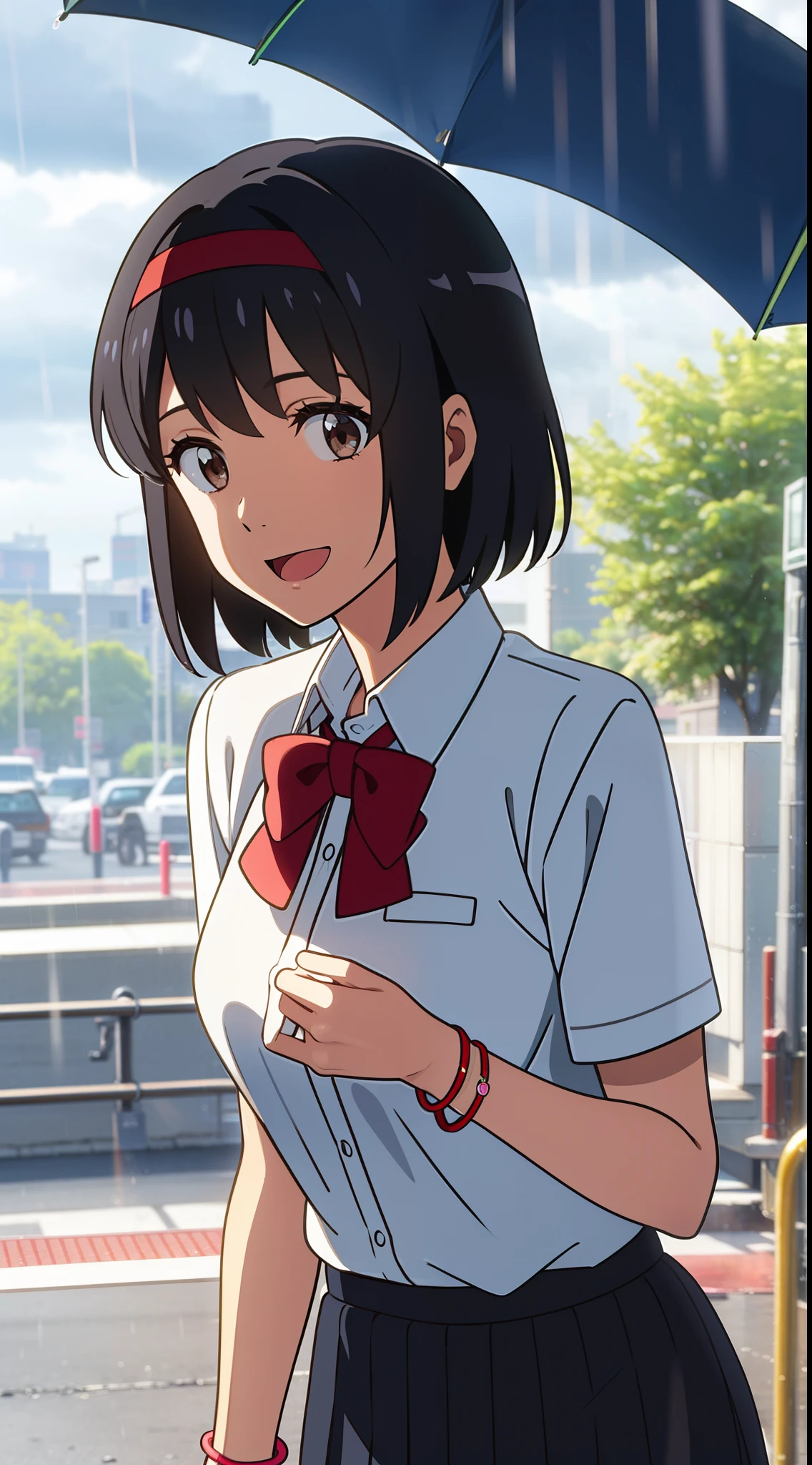 shinkai makoto, kimi no na wa., 1girl, bangs, black hair, bright eyes, brown eyes, headband, looking at the viewer, red bow, red headband, red ribbon, school uniform, shirt, white shirt, skirt, black skirt, short sleeves, short hair, medium breasts, solo, happy face, :D, bracelet, upper body, raining, pouring rain, outdoors, in street, (cloudy), standing, perfect hands, umbrella, holding an umbrella
