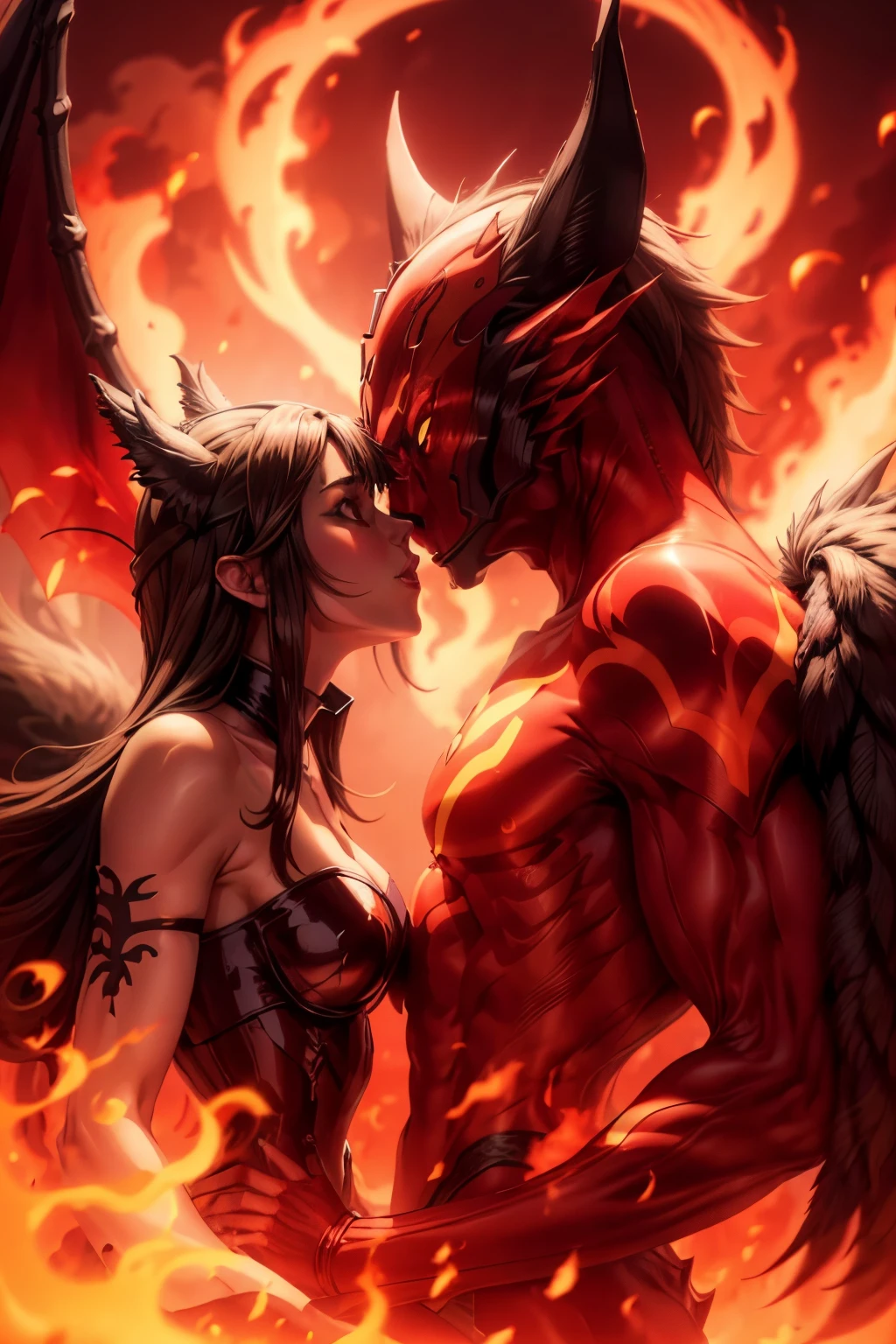 tmasterpiece, Best quality at best, Detailed pubic hair, A high resolution, (Flame/火焰/loimu，dynamic scene:1.3)，Romantic couple kissing in fire，firestorm, on fire, strange fantasy images, great skin texture