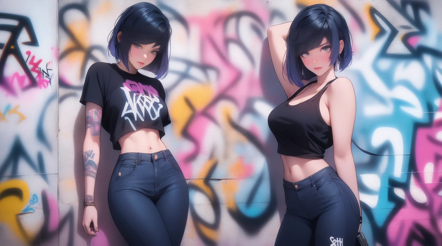 Yelan|genshin impact, master-piece, bestquality, 1girls,25 years old, shorts jeans, crop top, mediuml breasts, Beautiful breasts, bara, Long Jeans, (Graffiti:1.5), Splash with purple lightning pattern., arm behind back, against wall, View viewers from the front., Thigh strap, Head tilt, bored,