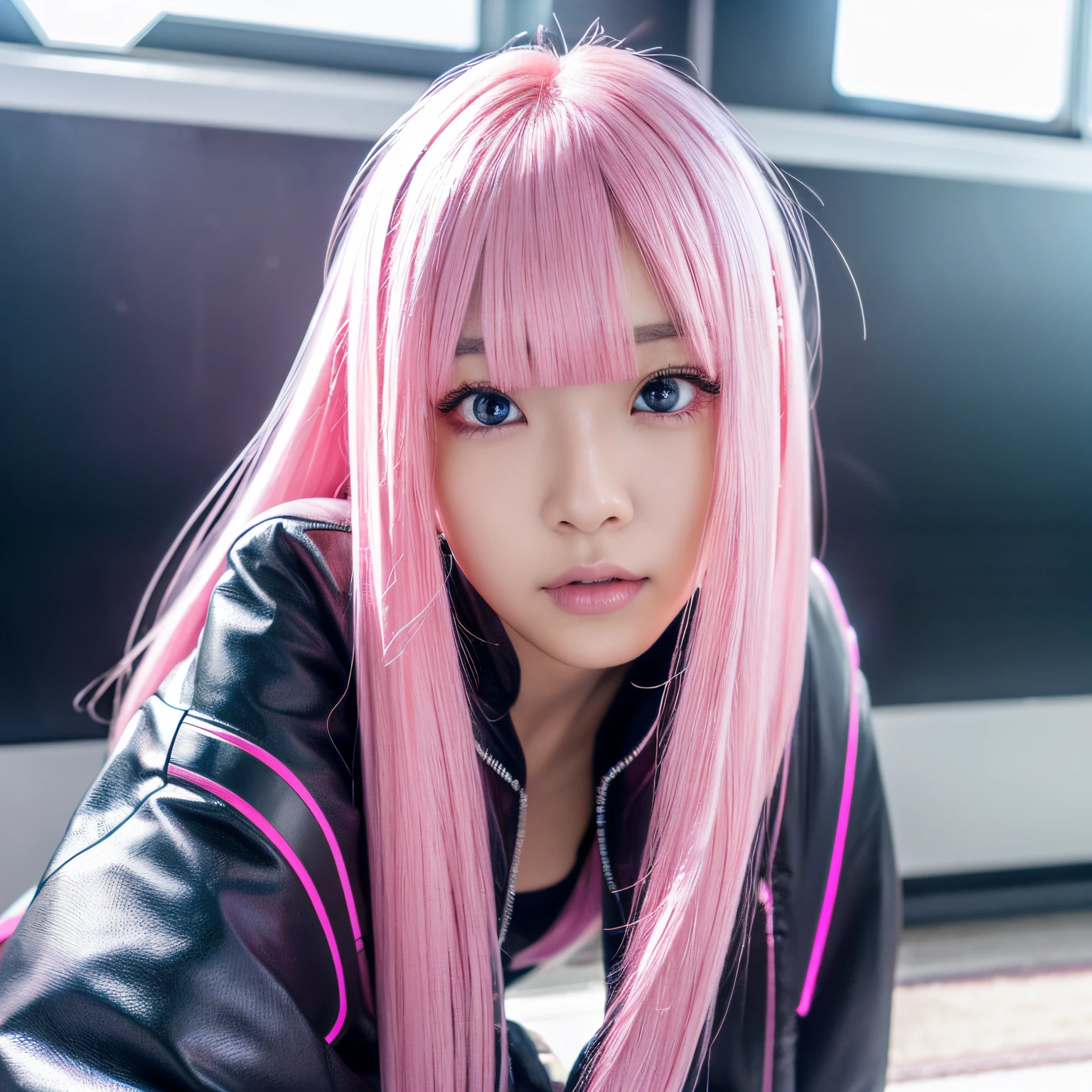 futuristic cyborg、japanese beauty girl、Exposing huge、Beautiful eyes、high-level image quality、4k、Pink hair、Not wearing pants、exposing the anus