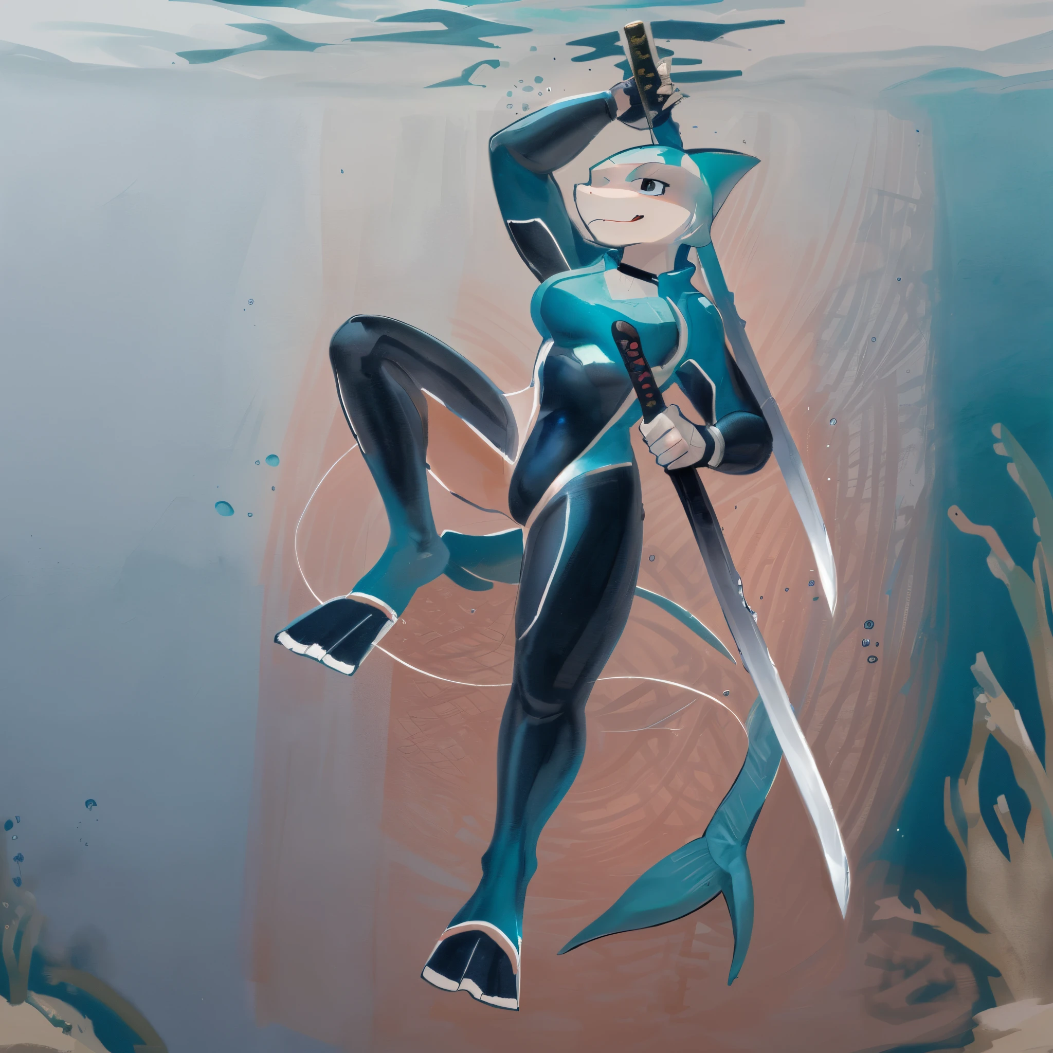 a drawing of a smiling female shark in a dive suit holding a sword, badass pose, swimming flippers, katana, anthro female, shark, aquatic, underwater, abserdres, hires, highly detailed