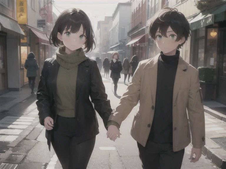 1girl, 1boy, brown short hair, green eyes, walking, holding hands, speaking with each other, wear coat and black pants, in the street, Winter, hd, best quality, Masterpiece
