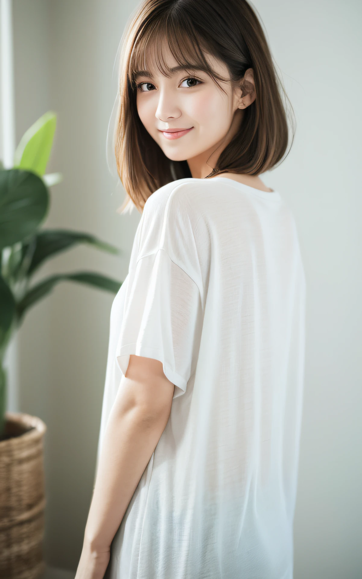 masutepiece, Best Quality, 8K, 1 girl, 20 yo, Full body, Solo, Arch Smile, Cute, Girly, Delicate girl, Neat and clean beauty, Raw photo, Professional Photography, Portrait, Soft light, Professional Lighting, Back lighting, look forward to your eyes, Sophisticated, Film grain, (Eyes and faces with detailed:1.0), Wearing an oversized T-shirt and nothing else, Short-length floating hair, Beautiful flowing hair, Bangs, Indoor