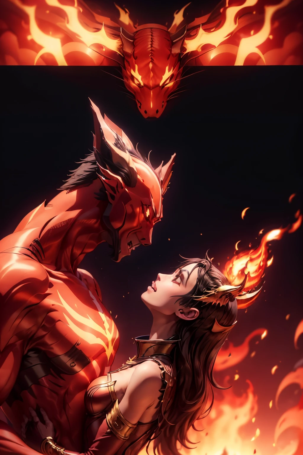 tmasterpiece, Best quality at best, Detailed pubic hair, A high resolution, (Flame/火焰/loimu，dynamic scene:1.3)，Romantic couple kissing in fire，firestorm, on fire, strange fantasy images, great skin texture