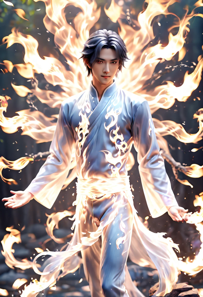 (火焰/butterflys/Loim,dynamic scene:1.3),There was a young, handsome, thin man, Male nine-tailed silver fox in Japanese mythology,Long hairs, On clothes, The nine tails spread out behind the back like a fan, He smiled, He smiled thoughtfully, (tmasterpiece), whole-length, face to the viewer, hyper realisitc, Fantastic lighting, glowworm, Sequins, Overall color silvery purple