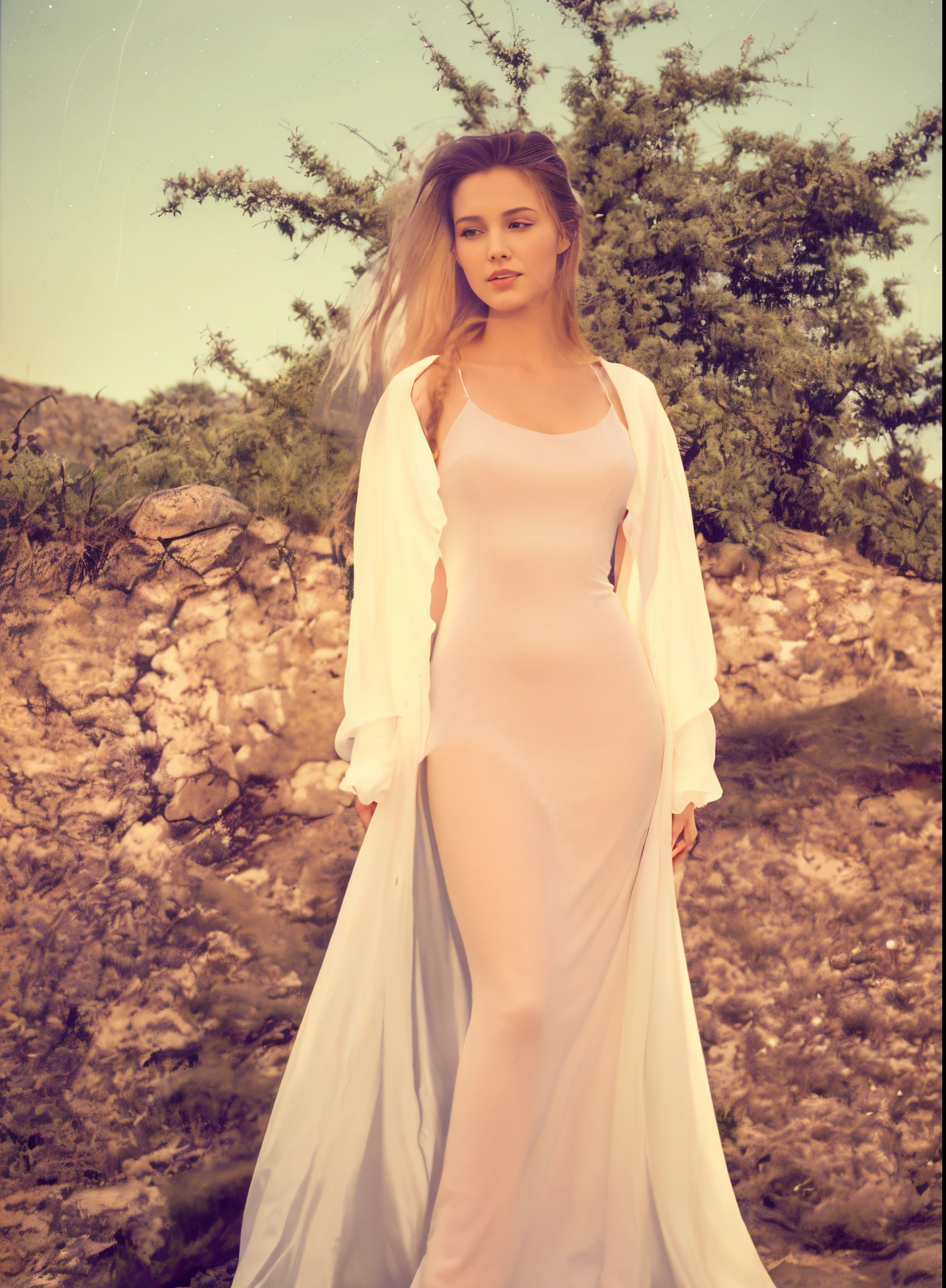 arafed woman in a long dress and a white jacket, long white dress, in a long white dress, wearing a long dress, translucent dress, flowing dress, long flowing white robe, flowing gown, with long blond hair, wearing long gown, wearing a white flowing dress, side shot, profile shot, opened dress, soft glow, summer evening, young goddess with the face of angiolina jolie