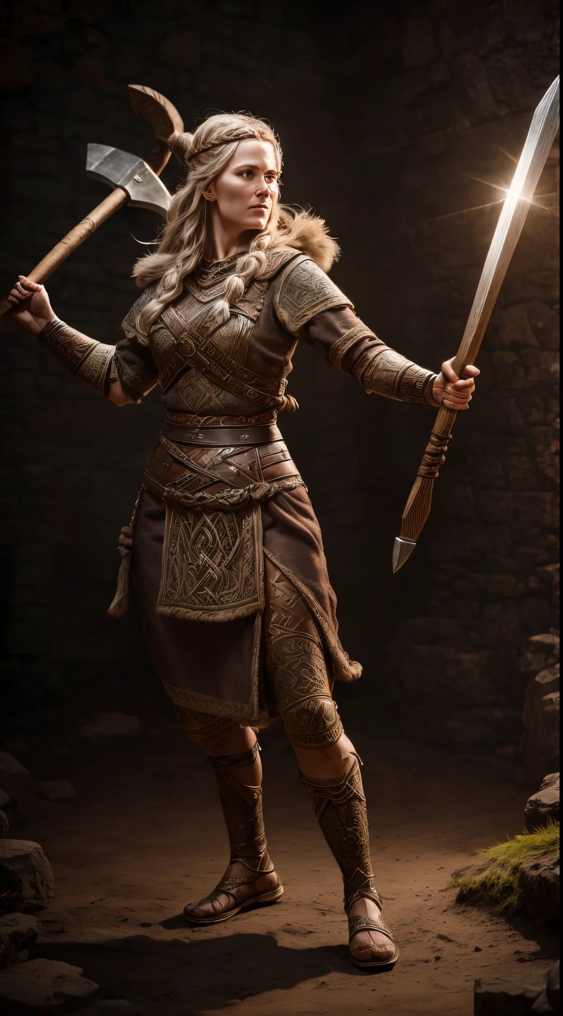 A Viking woman tossing an axe into the air with anticipation, ((hyper-realistic, photorealistic, 8k, intricate details)), professional photography (full body: 1.6), (8k photo: 1.1) (sharp focus : 1.3), great detail, cinematic lighting, bright scene, soft lights