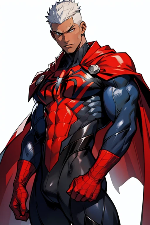 Highest image quality，male people，1 boy，Young and handsome，shoun，White color hair，Short flat top hair，Dark  skin，anime big breast，anime wallpaper，Solo，malefocus，Venom Spider-Man，black reotard，Red cape，Bulging crotch