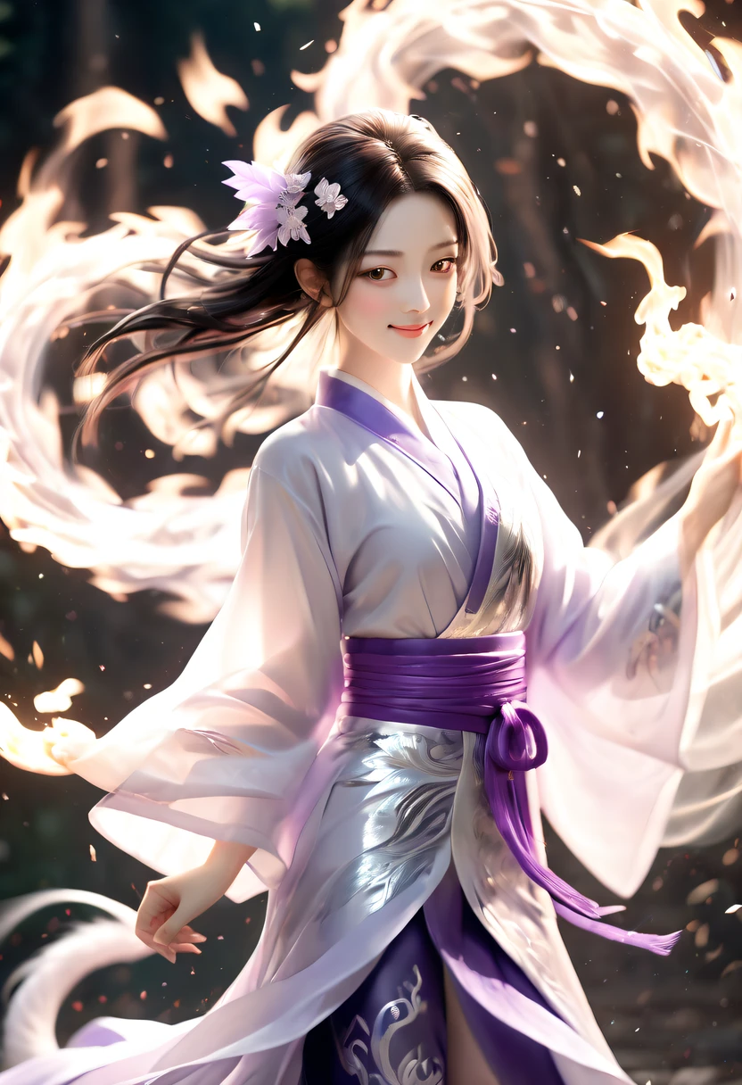 (火焰/butterflys/Loim，dynamic scene:1.3)，There was a young, handsome, thin man, Male nine-tailed silver fox in Japanese mythology，Long hairs, On clothes, The nine tails spread out behind the back like a fan, He smiled, He smiled thoughtfully, (tmasterpiece), whole-length, face to the viewer, hyper realisitc, Fantastic lighting, glowworm, Sequins, Overall color silvery purple