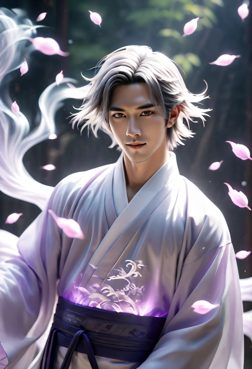 (火焰/butterflys/Loim,dynamic scene:1.3),There was a young, handsome, thin man, Male nine-tailed silver fox in Japanese mythology,Long hairs, On clothes, The nine tails spread out behind the back like a fan, He smiled, He smiled thoughtfully, (tmasterpiece), whole-length, face to the viewer, hyper realisitc, Fantastic lighting, glowworm, Sequins, Overall color silvery purple