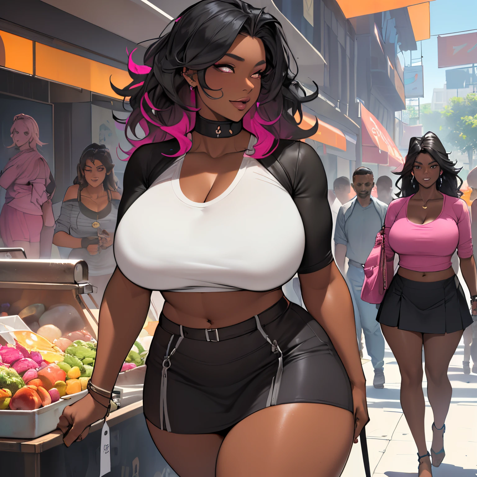 (a beautiful,sexy ripped shirt,busty,voluptuous thighs,big breasts:a1.1,a1.1,hot,cute)(a pink short skirt:a1.1)(long,wavy,shiny black hair:ultra-detailed,detailed)(perfect,detailed eyes and face:extremely detailed)(walking around the mall:exciting, vibrant atmosphere)(showing off her belly:confident,sexy)(ebony skin:smooth, flawless)(high-quality,4k,high-res image:best quality)(ultra-fine painting,charcoal portrait:medium)(perfect lighting and colors:vivid, dramatic lighting)(summer, vibrant colors:colorful, warm tones)