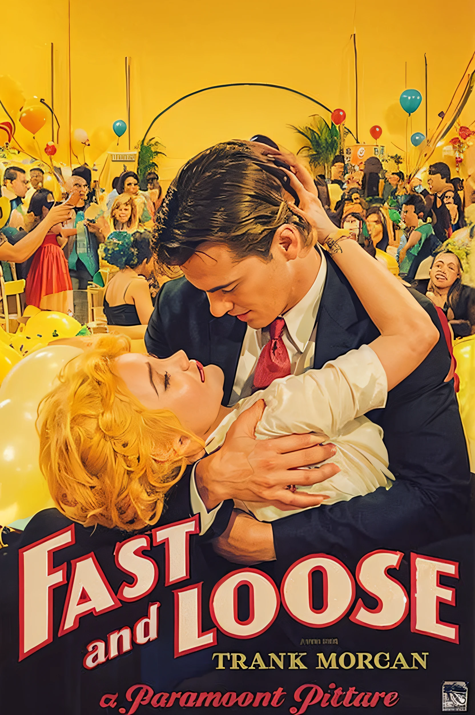4k The image is a scene from a Hollywood movie called "Fast and loose", estrelado por Frank Morgan e Ida Lupino. A imagem mostra um casal se beijando, With the man holding the woman in his arms. A cena se passa em uma festa, with several people around, including some dancers. The wall is decorated with balloons, and a pair of balloons can be seen at the top of the image. The image is framed by a yellow border, giving it an antique and classic look.