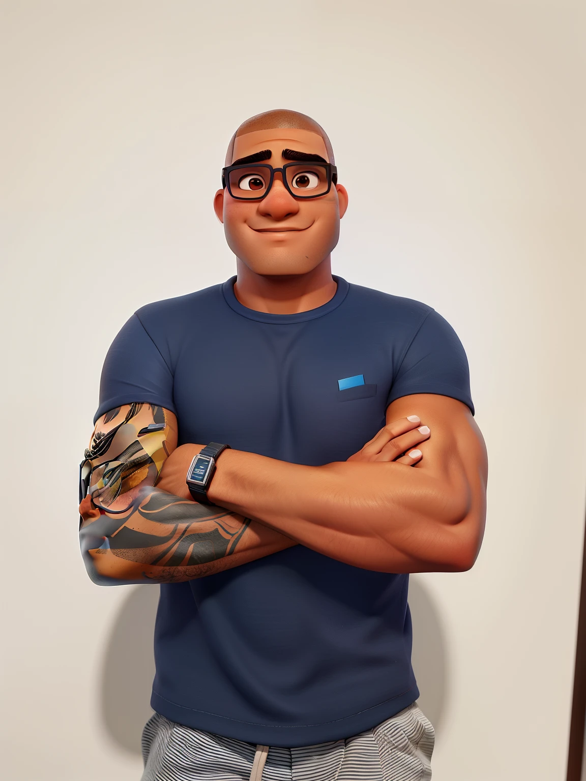 homem de pele morena, shaved head and glasses