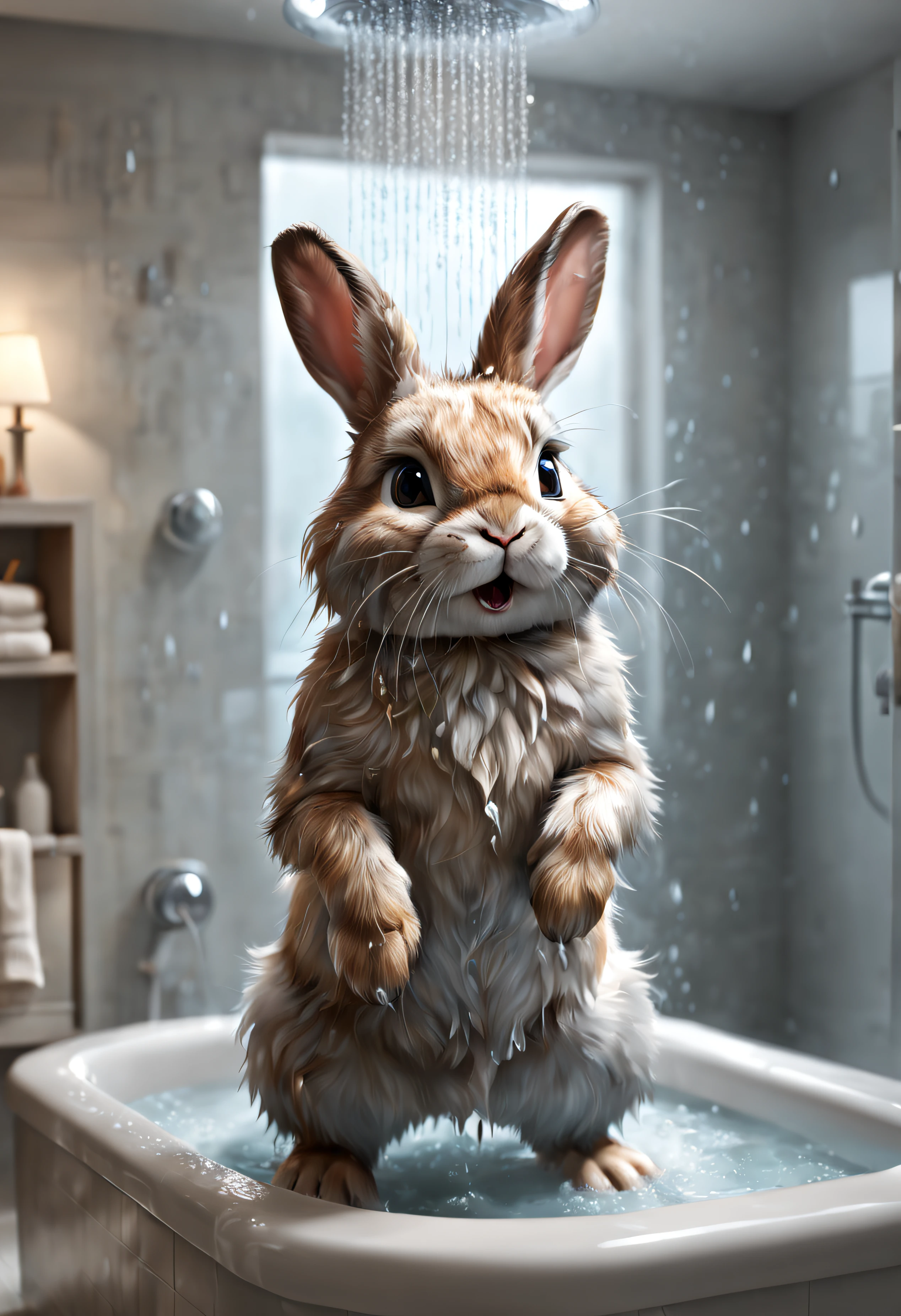 (Best quality,4K,8k,high resolucion,Masterpiece:1.2),Ultra-detailed,(Realstic,photoreallistic,photo-realistic:1.37),mignon lapin heureux,lapin prenant une douche,salle de Bains,Fourrure douce,Des yeux vifs,gouttelettes d&#39;eau ludiques,serviette pelucheuse,extreme moelleux,fourrure mouillée et brilliante,profiter de l&#39;eau,salle de bain bien éclairée,expression adorable,Vibrant colors,moustaches qui tremblent,content and détendu,soins personnels,pomme de shower à effet pluie,sparkling eyes,no problem,vapeur s&#39;échappant de l&#39;eau chaude,bon bain moussant,ambiance chaleureuse,illustration de style vectoriel,Rituel du bain,salle de bain remplie de vapeur.