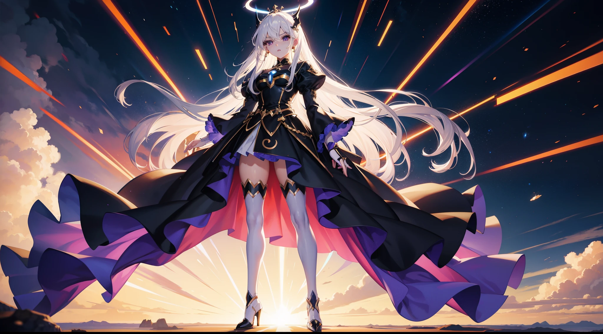 "Hyper realistic image with 8K resolution of the female character with blue skin, purple eyes, halo above her head and long, straight white hair with a tiara of black spikes. The character wears a costume similar to Marcarite from Dragon Ball Super, with a dark blue 'priestly high low dress' style dress and long black sleeves. The boots are black and reach the thigh, with slender, muscular legs. Long socks complete the look. The perspective is from the front, with emphasis on details such as textures and reflections. Use Unreal Engine 5 to achieve the best visual quality. The character's body, from the thigh upwards, must be emphasized, displaying an attractive and powerful aesthetic. Resolution and detail must be as high as possible to ensure the best Image quality."