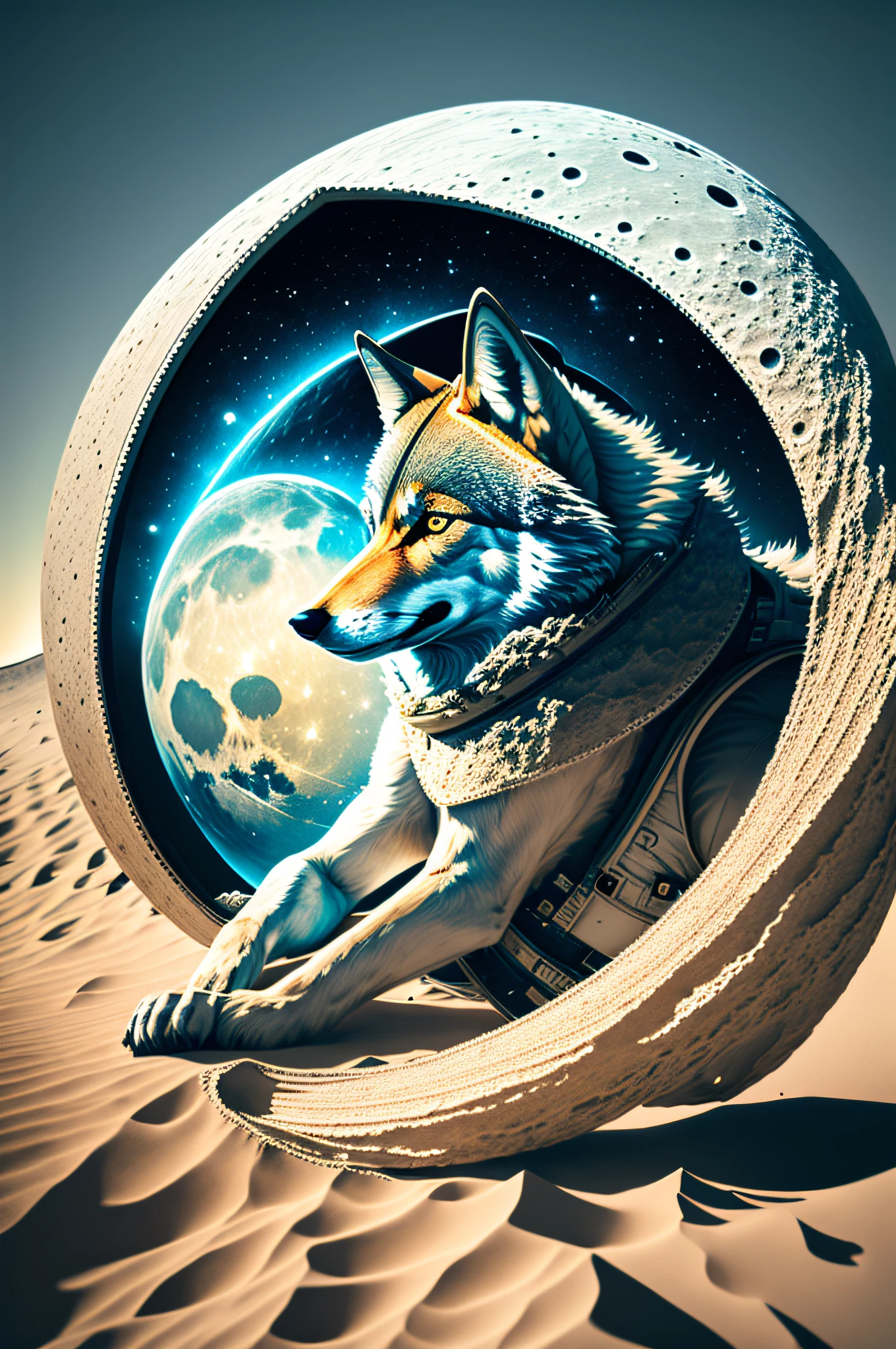 Wolf with space helmet sitting on the moon looking at earth