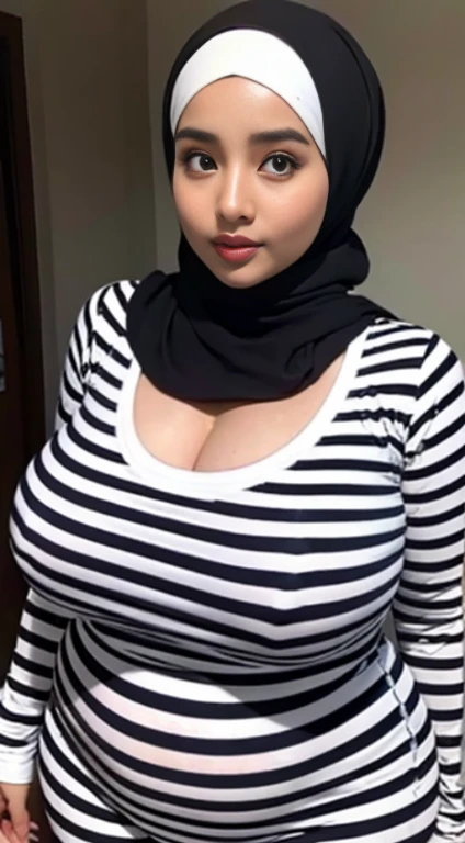 beautiful chubby girl in hijab, big full breasts, beautiful curvy and plump body, wearing a striped shirt, wearing sexy leggings, realistic detailed quality, ultra detailed