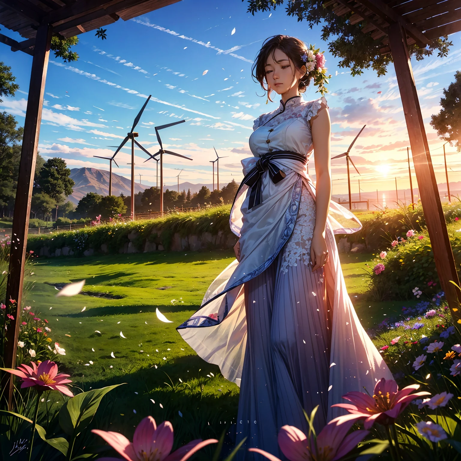 ​masterpiece, top-quality, (hight resolution:1.2), (extremely detailed CG unified 8k wallpaper), (Stylish design:1.4), (Beautiful lighting,光线追踪), (35mmF/1.8, captured on canon eos r 6), ((wind turbines)),(A wide variety of flowers), (Extensive flower garden),Extraordinary image,stunning landscape,natural beauty,Vibrant colors,serene ambiance,Impressive details,Dreams,tranquil surroundings,Calm and harmony,tranquil surroundings,sunny sky,gentle wind,(Dancing Flowers,Delicate petals),warm sunlight,(Soft pastel colors),Exquisite craftsmanship,Precise brushwork,lifelike textures,Realistic depiction,magical feeling vibes,A moment of bliss,Totally captivating,ethereal beauty,Tranquility at its best