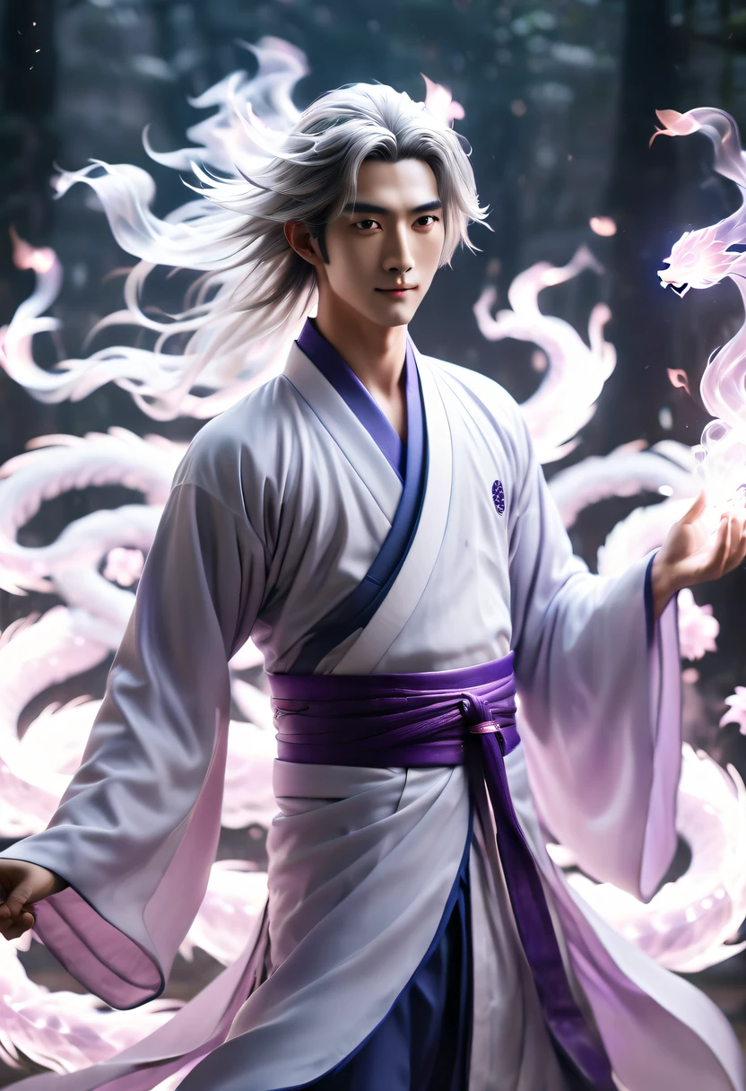 火焰/butterflys/Loim，There was a young, handsome, thin man, Male nine-tailed silver fox in Japanese mythology，Long hairs, On clothes, The nine tails spread out behind the back like a fan, He smiled, He smiled thoughtfully, (tmasterpiece), whole-length, face to the viewer, hyper realisitc, Fantastic lighting, glowworm, Sequins, Overall color silvery purple