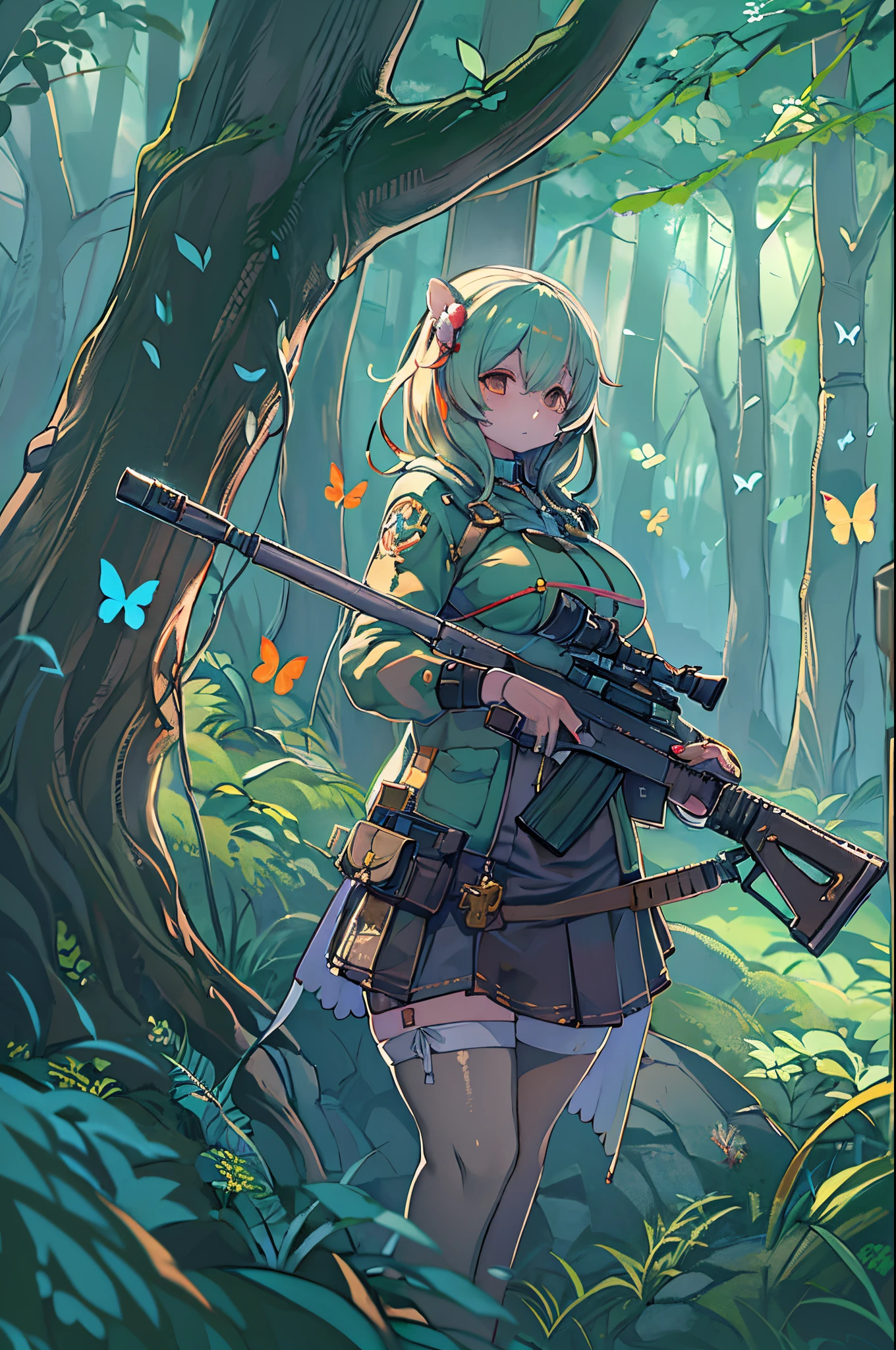 Anime girl with a rifle in the forest with butterflies, anime fantasy illustration, guweiz on artstation pixiv, anime fantasy artwork, guweiz on pixiv artstation, female forest archer, 2. 5 d cgi anime fantasy artwork, Trending on ArtStation pixiv, beautiful fantasy anime, Detailed anime artwork, anime art wallpaper 4k