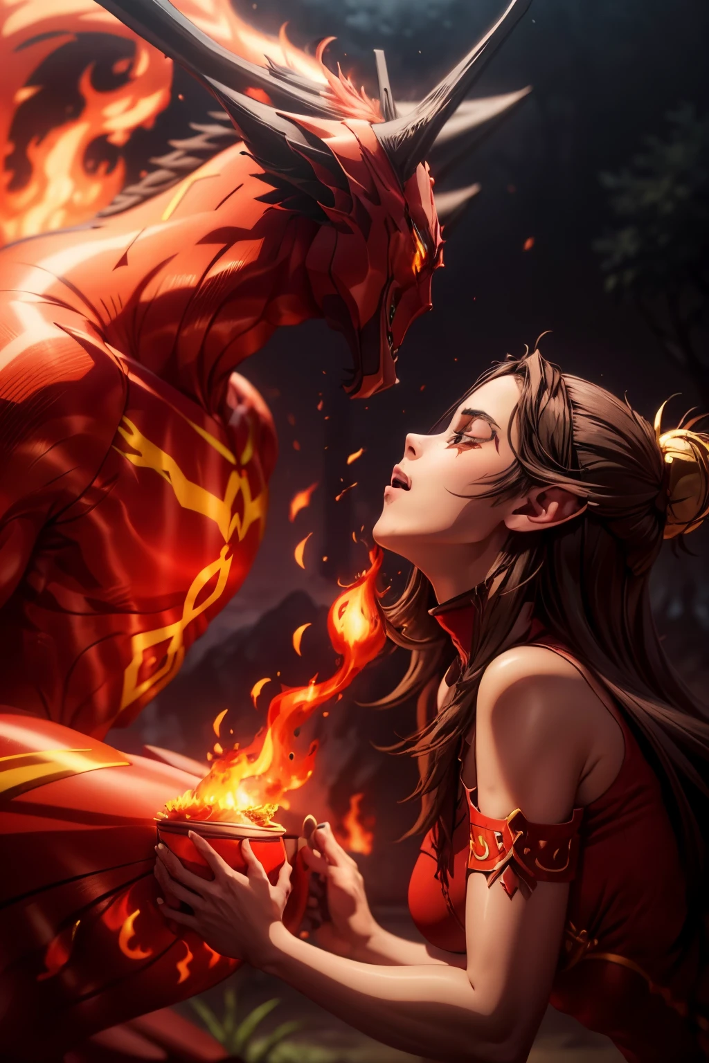 tmasterpiece, Best quality at best, Detailed pubic hair, A high resolution, (Flame/火焰/loimu，dynamic scene:1.3)，Romantic couple kissing in fire，firestorm, on fire, strange fantasy images, great skin texture