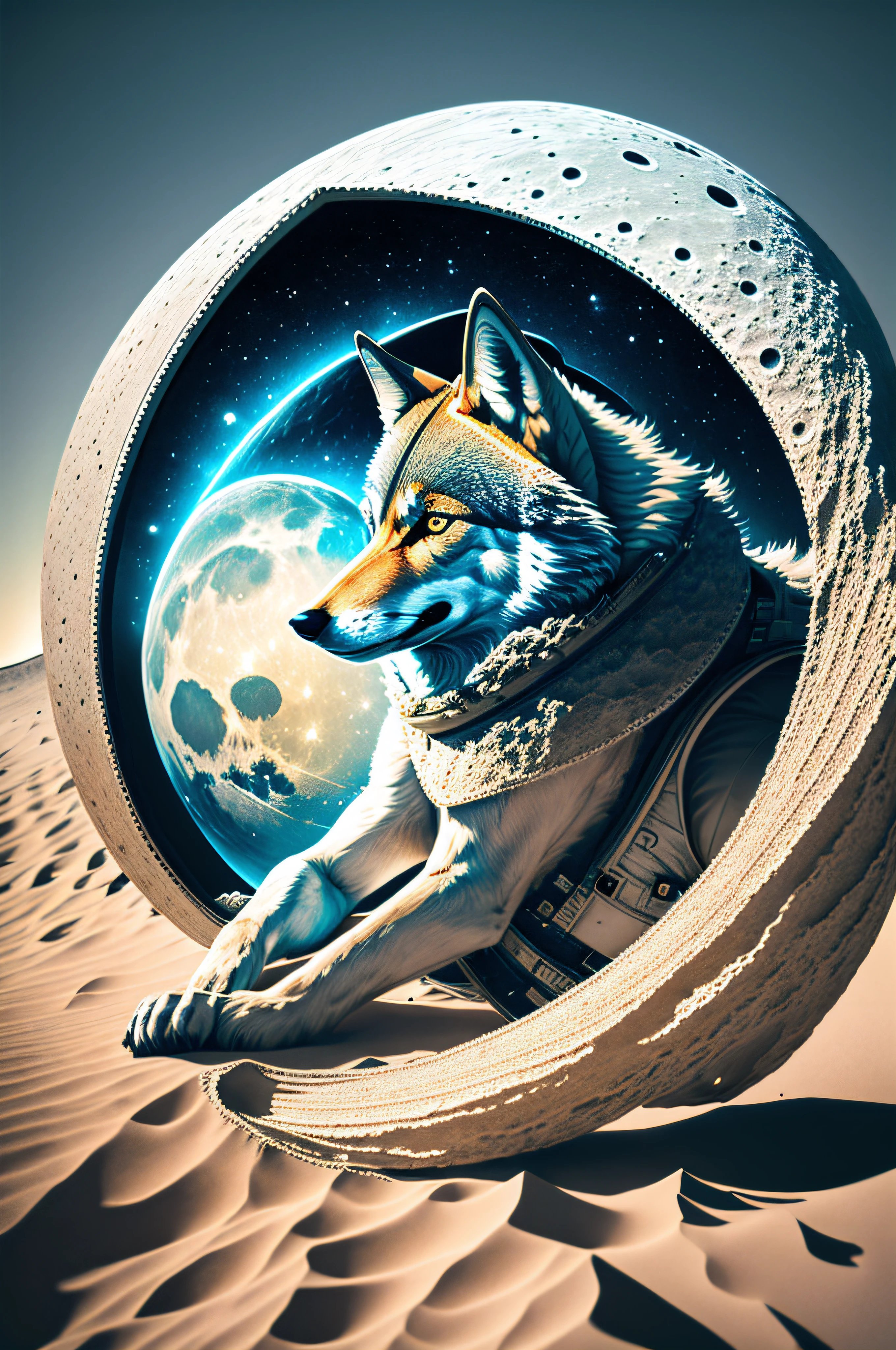 Wolf with space helmet sitting on the moon looking at earth