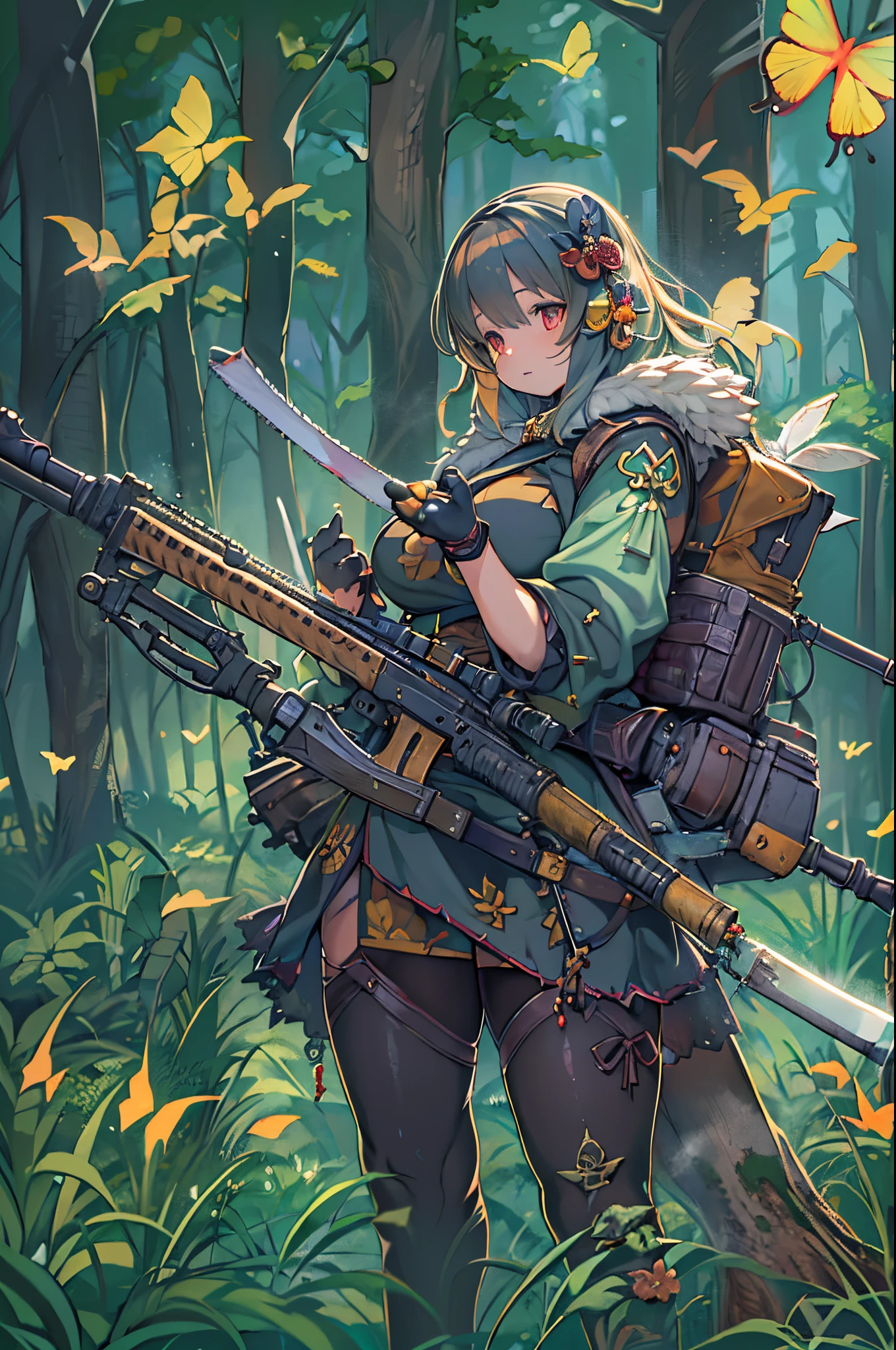 Anime girl with a rifle in the forest with butterflies, anime fantasy illustration, guweiz on artstation pixiv, anime fantasy artwork, guweiz on pixiv artstation, female forest archer, 2. 5 d cgi anime fantasy artwork, Trending on ArtStation pixiv, beautiful fantasy anime, Detailed anime artwork, anime art wallpaper 4k