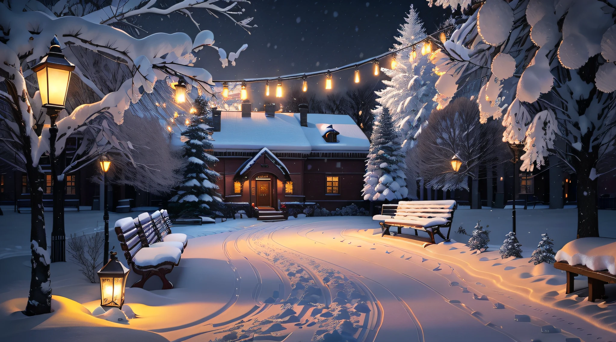 snowy night scene with benches and lights in a park, snowy night, snowy winter christmas night, beautiful winter area, winter park background, snowfall at night, snowy winter scene, winter concept art, winter night, winter setting, snowy environment, winter scene fantasy, snow scene, beautiful detailed scene, snowy winter, beautiful wallpaper, winter in the snow, glowing snow