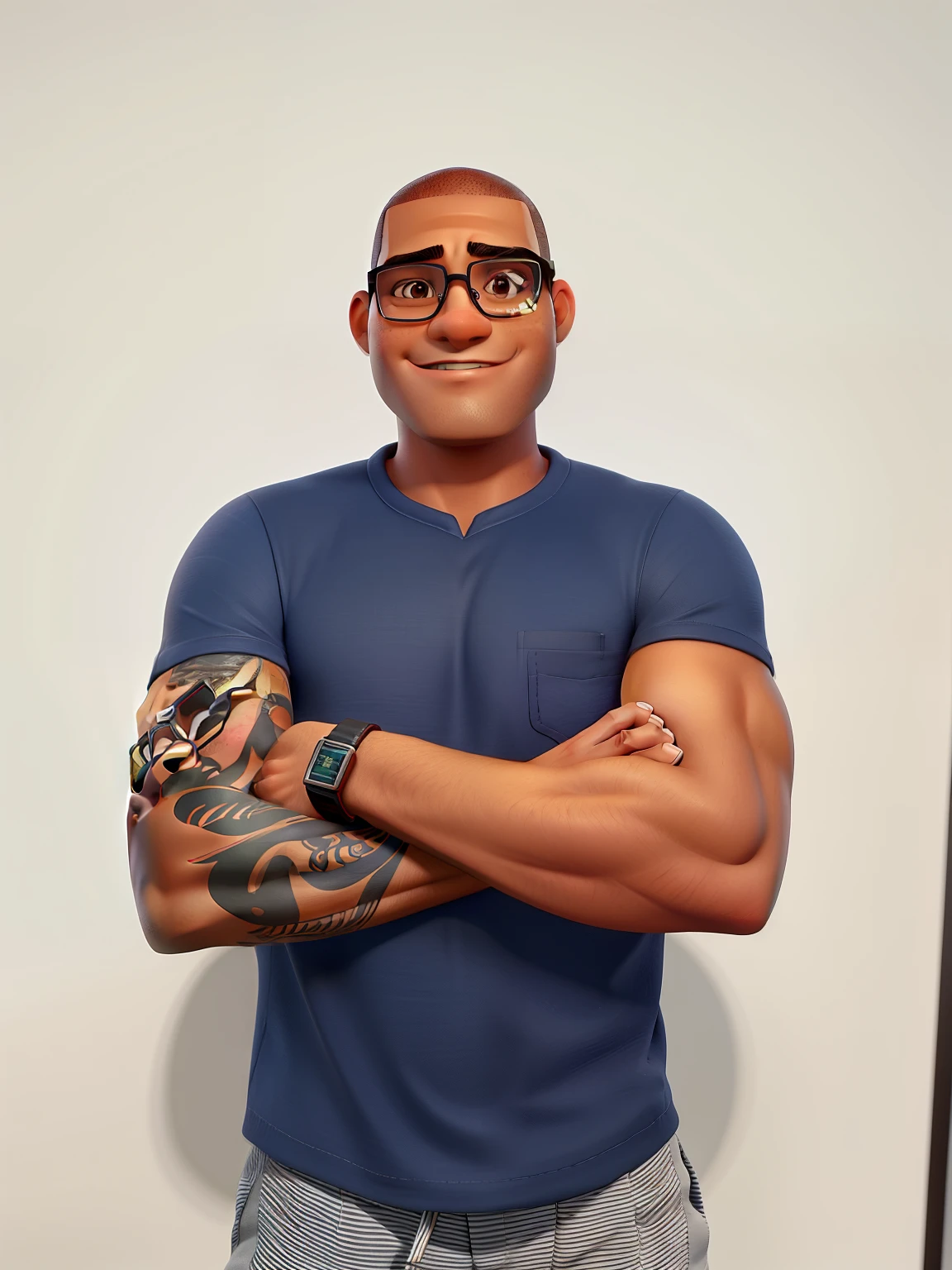 homem de pele morena, shaved head and glasses