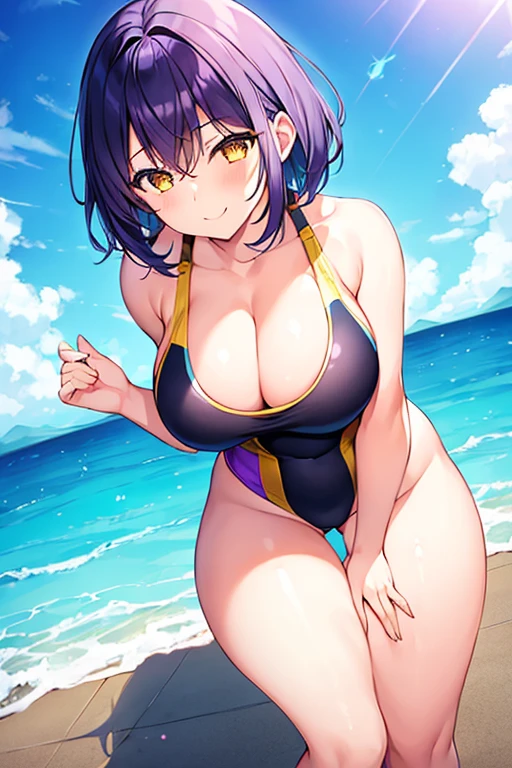 1girl, large breasts, breasts, wide hips, thick thighs, purple hair, short hair, very short hair, yellow eyes, one-piece swimsuit, blue swimsuit, competition swimsuit, black one-piece swimsuit, light smile, smile, from above, cleavage