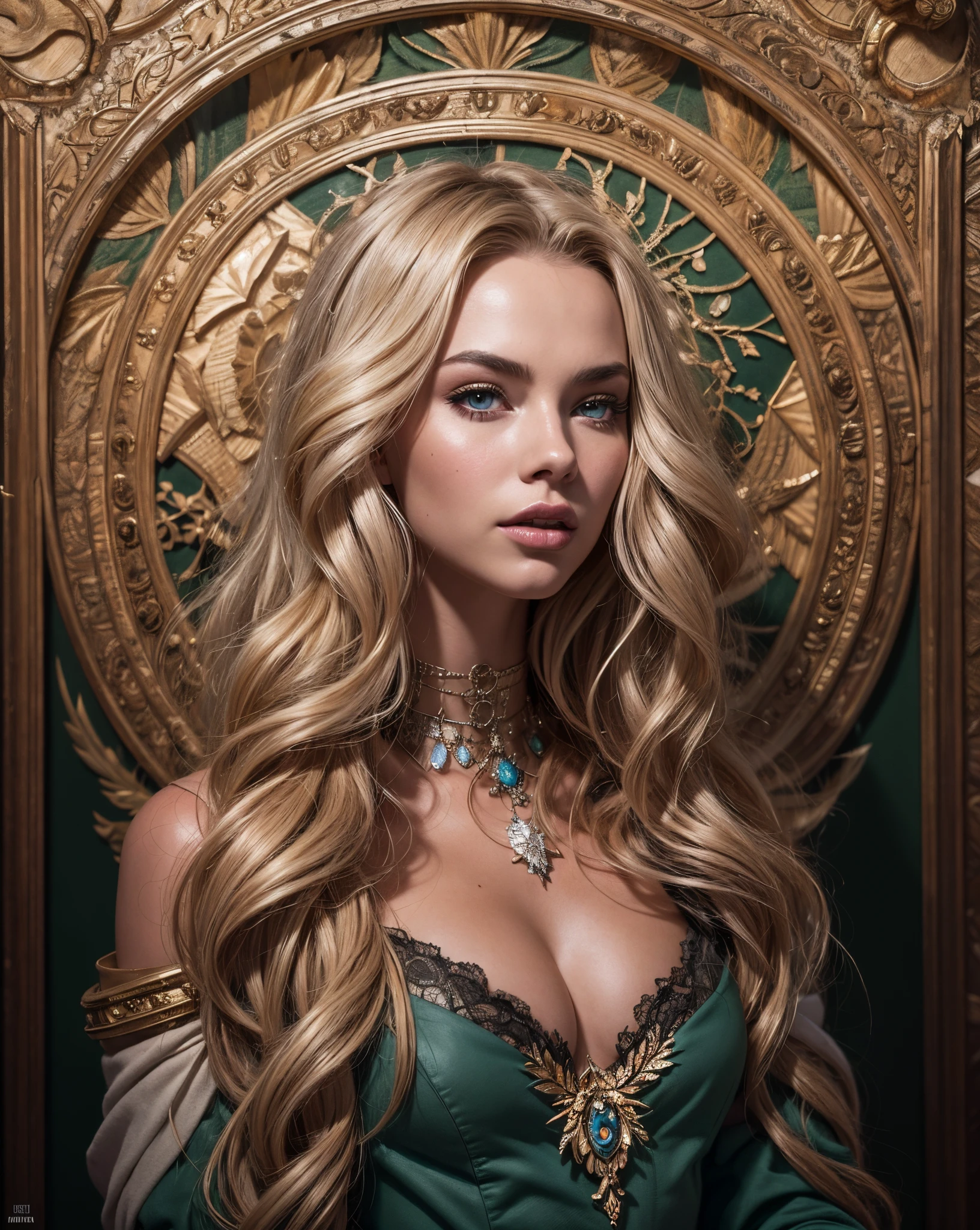 ultra realistic illustration, an incredibly beautiful Greek gothic goddess of chaos played by Jordyn Jones and Dove Cameron and Margot Robbie and Taylor Swift and Megan Fox, cabello rubio desordenado y voluminoso, ojos azules, intrincado, elegante, Altamente detallado, Pintura digital, Artstation, Arte conceptual, Suave, foco nítido, 插圖, Arte de Artgerm y Greg Rutkowski y Alphonse Mucha